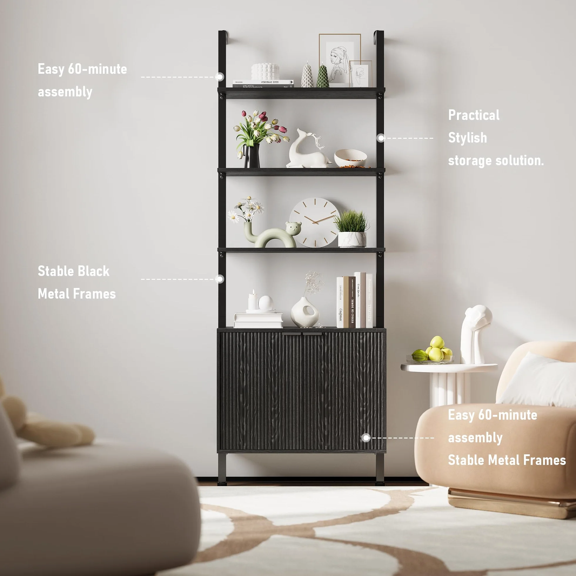 74" Tall Bookshelf with Storage Cabinet, Modern Ladder Shelf with Wood and Metal Frame, Wall Mount Bookcase Open Display Shelf Furniture for Living Room, Bedroom, Home Office，Black