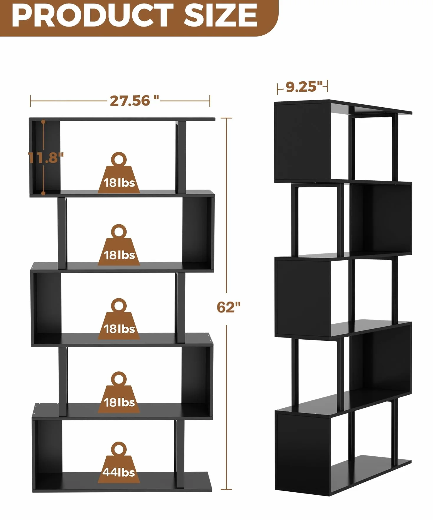 5-Tier Geometric Bookcase,S Shaped Bookshelf, Wood Decorative Storage Shelving, Modern Freestanding Display Shelves, Tall Book Shelf Unit for Living Room Bedroom, Black