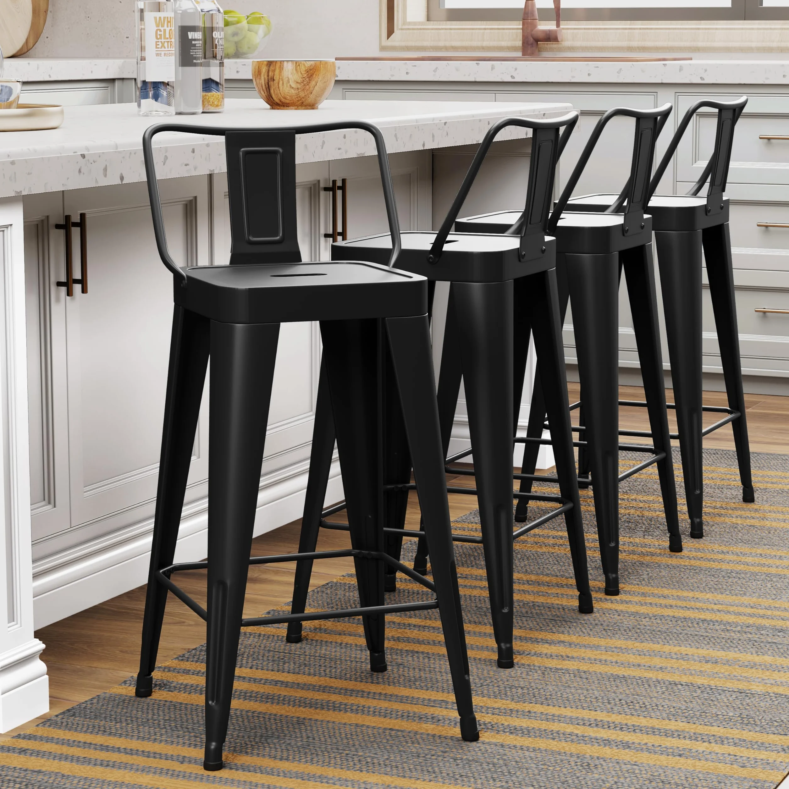 WENTMENT Metal Bar Stools Set of 4 Counter Height Black Barstools with Removable Back 24" Kitchen Bar Stools
