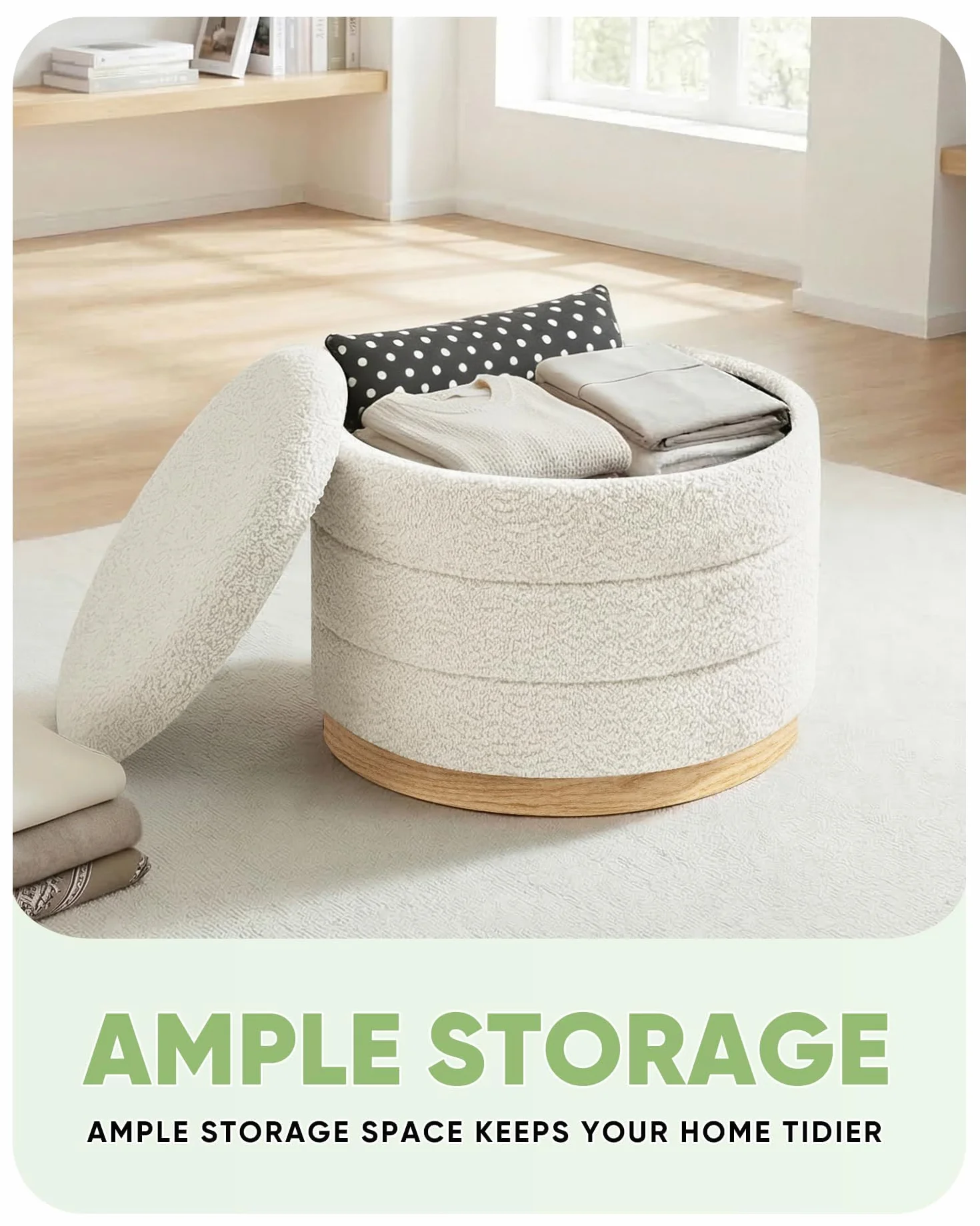 B FSOBEIIALEO Round Storage Ottoman with Tray, Folding Ottoman with Storage Coffee Table Foot Rest for Dorm Room Living Room Chenille Fabric,Wood-Grain Leather Base,White,22.83"x22.83"x17.32"