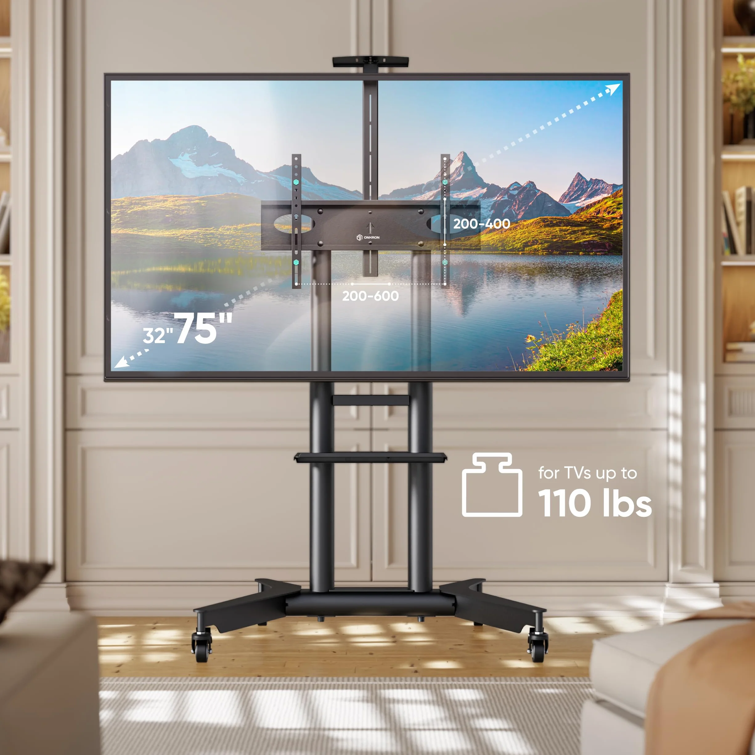 ONKRON Mobile TV Stand 32-75 Inch, up to 110 lbs, max VESA 600x400, Black | TV rolling cart height adjustable 39.3"-57.6", AV & webcam shelves, locking wheels; for home, office & meeting rooms