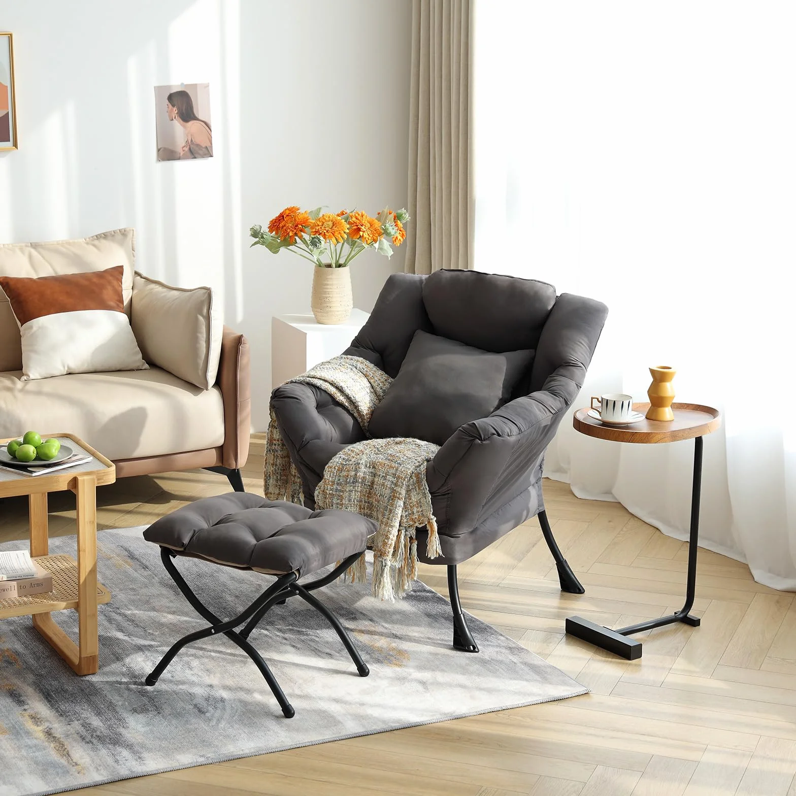 Lazy Chair with Ottoman, Comfy Reading Lounge Chair with Footstool & Throw Pillow Modern with Armrests & Side Pocket for Living Room, Bedroom, Dorm Room, Dark Grey