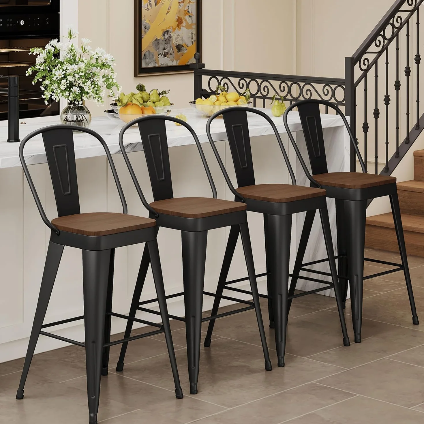Metal Bar Stools Set of 4, 24" Counter Height with Backs, Black | Matte black metal frame barstools, Modern farmhouse high-back bar chairs, Larger seat for kitchen and dining islands