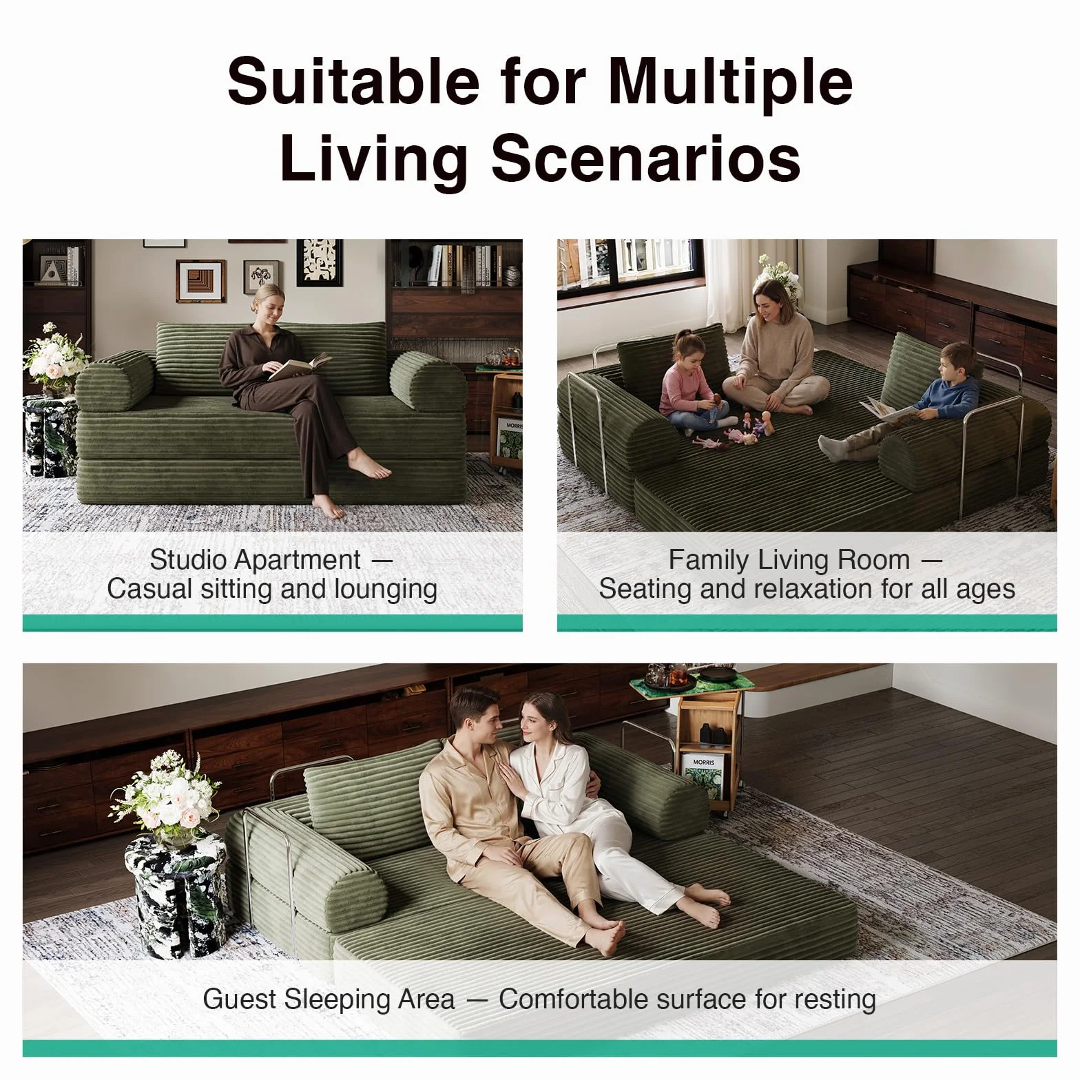 Novilla 75" Convertible Futon Sofa Bed, Boneless Couch with Smarts Coil® Support & High-Density Foam, No Assembly Corduroy Folding Loveseat Floor Sleeper for Living Room, Apartment, Bedroom, Green