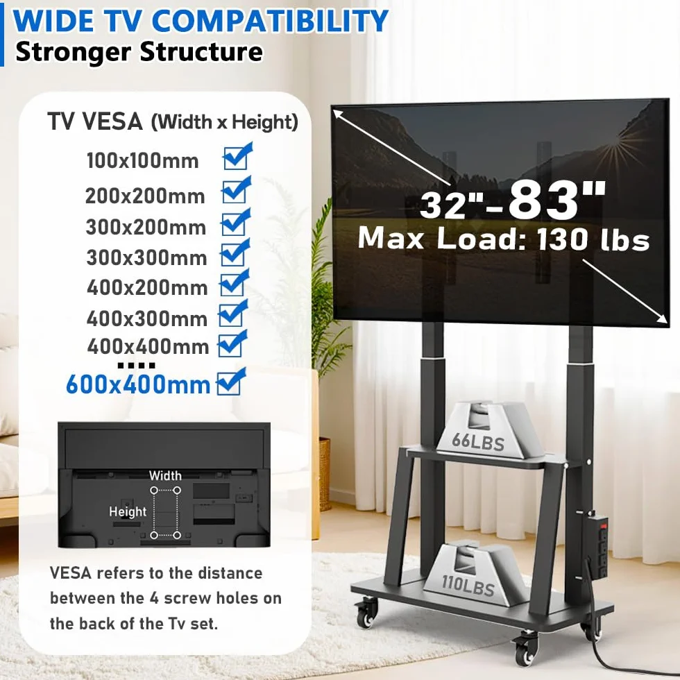 Mobile TV Cart with Power Outlet, Rolling TV Stand on Wheels for 32 to 65 70 75 83 inch TV, Height Adjustable,Holds up to 130LBS, Vesa 600×400mm.
