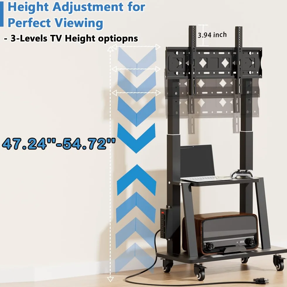 Mobile TV Cart with Power Outlet, Rolling TV Stand on Wheels for 32 to 65 70 75 83 inch TV, Height Adjustable,Holds up to 130LBS, Vesa 600×400mm.