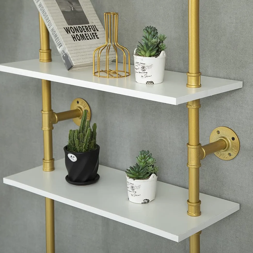 Industrial Gold Bookshelf-6 Tier Wall Mounted Ladder Bookshelf, Rustic Gold Storage Book Shelves Display Bookcases for Living Room/Home/Office