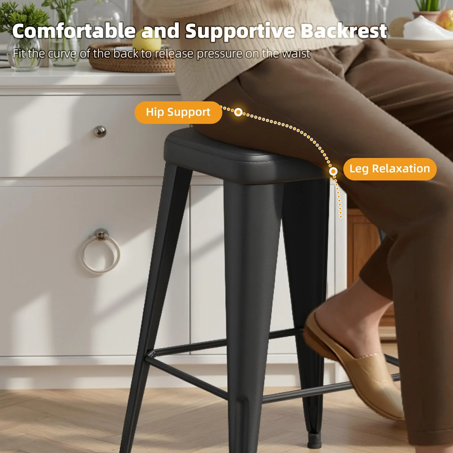 Bar Stools Set of 4, 24" Counter Height Bar Stools Backless, Upholstered Bar Stools with Metal Legs for Kitchen Island, Study Room, Cafe, Black