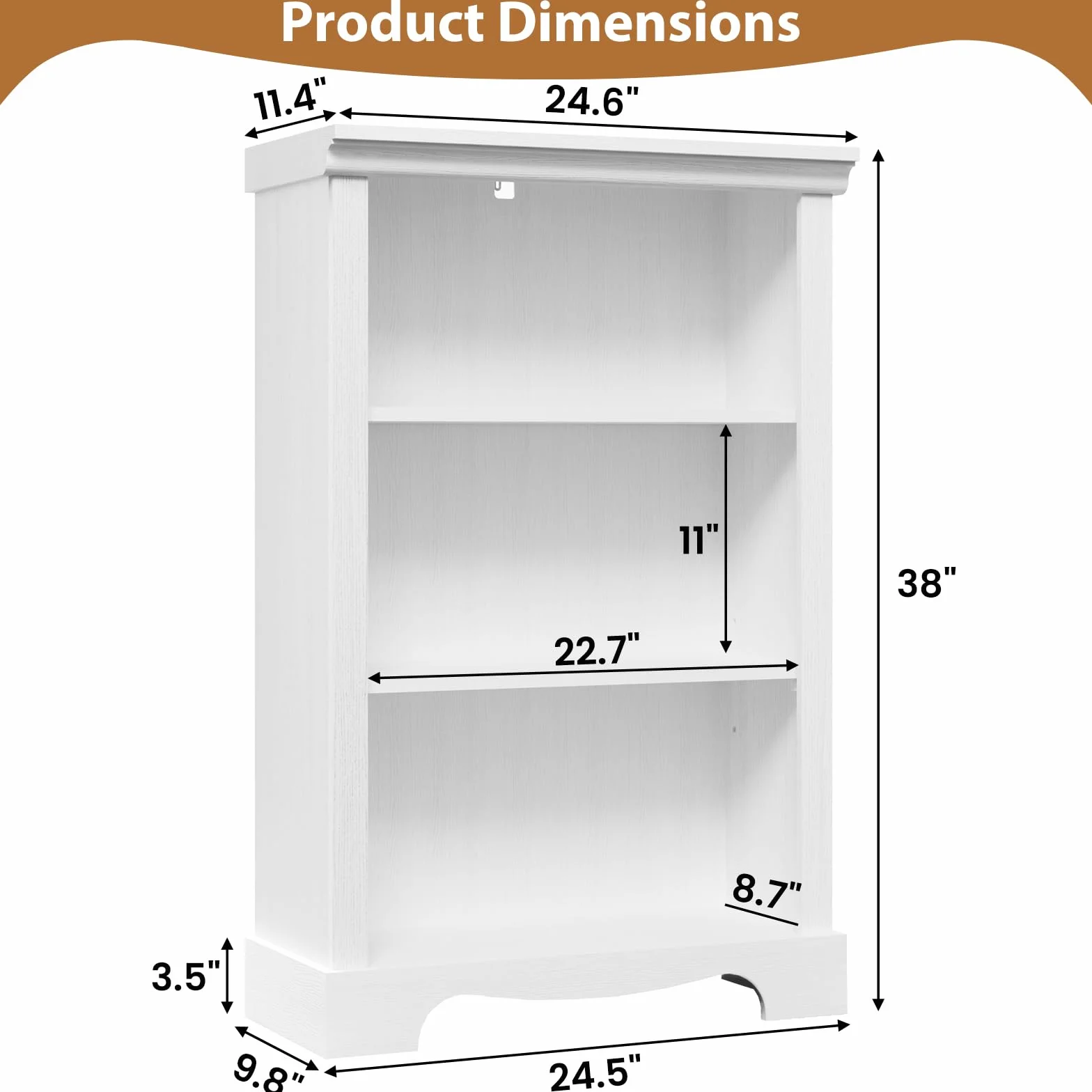 3-Tier Bookshelf, White Bookshelf with Adjustable Shelf, Wooden Bookshelf Open Storage, 9.8" D x 24.6" W x 38" H, Small Bookcase for Study Room, Living Room, Home Office, Bedroom (White)