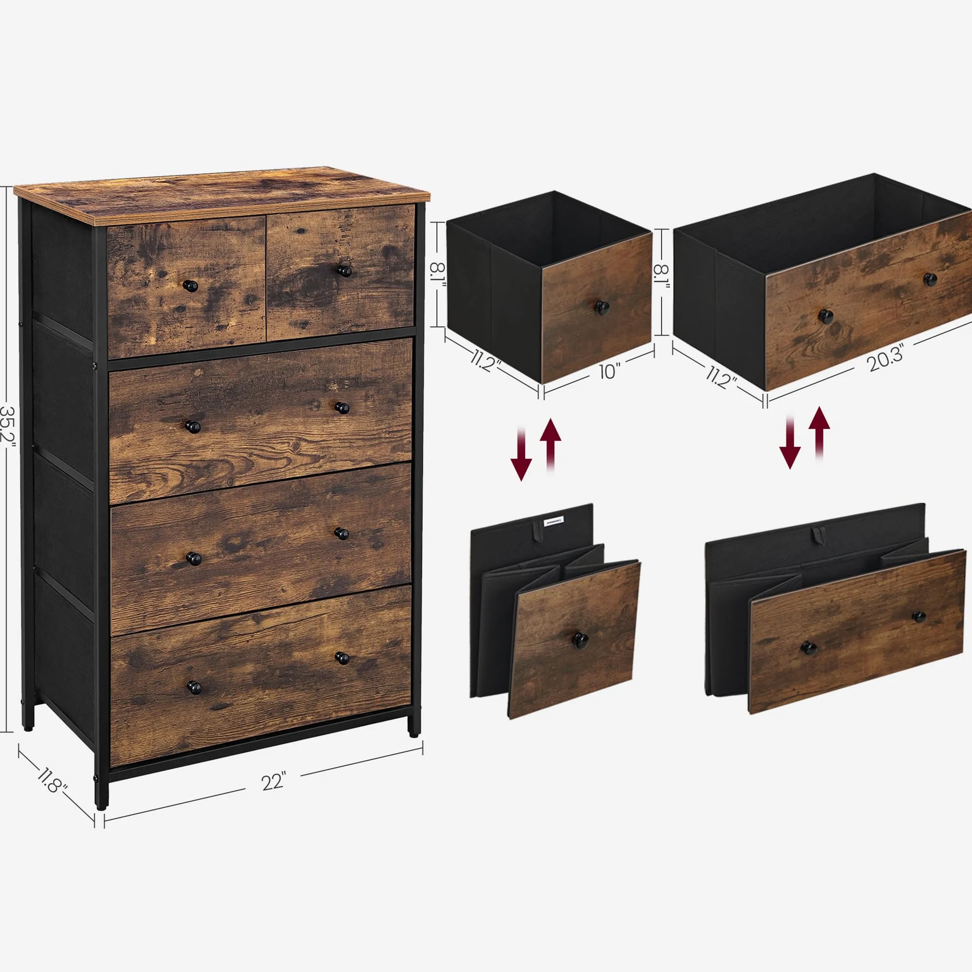 SONGMICS Drawer Dresser, Storage Dresser Tower with 5 Fabric Drawers, Wooden Front and Top, Industrial Style Dresser Unit, for Living Room, Hallway, Nursery, Brown and Black ULGS45H