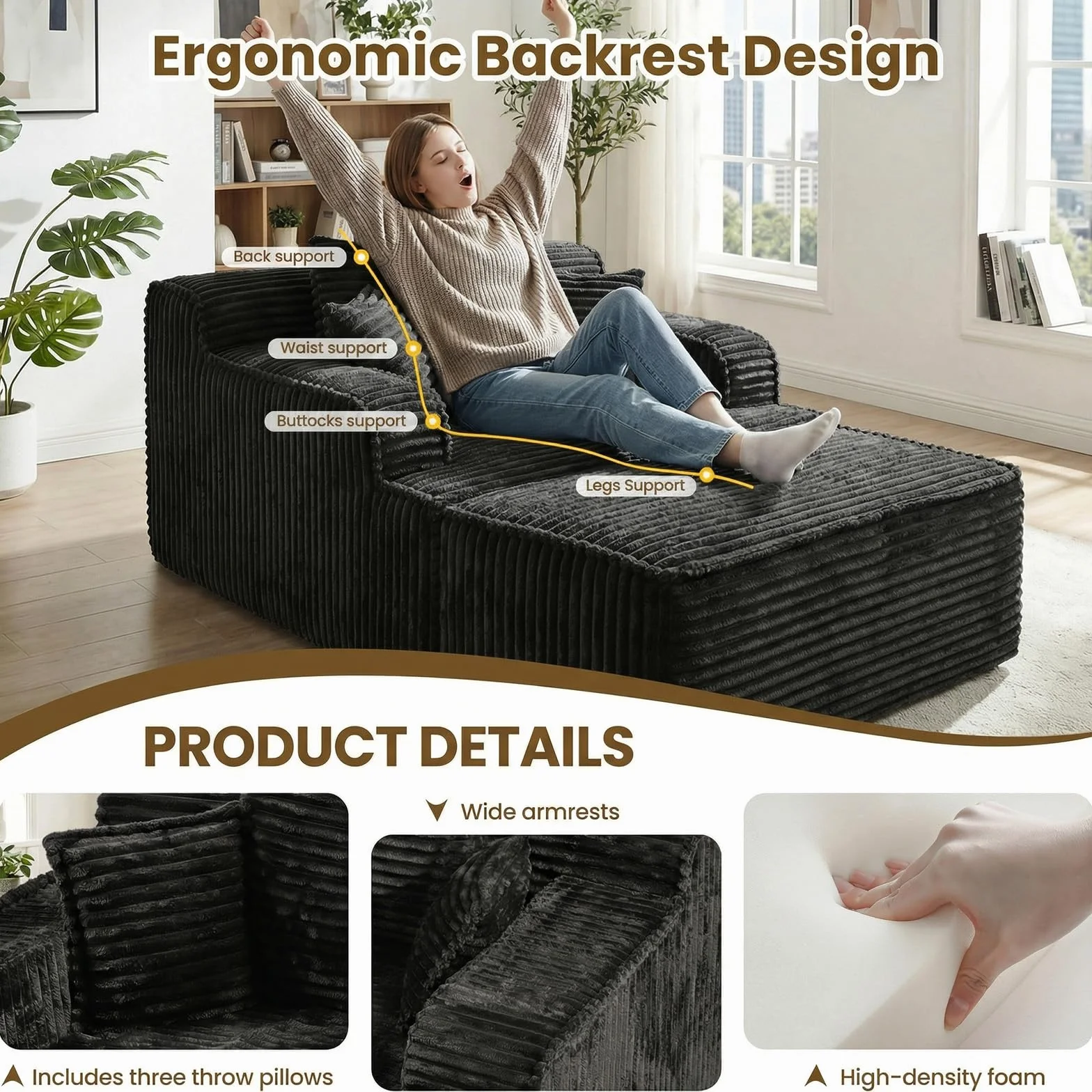 Chaise Lounge Chair Indoor,Boneless Chair with Ottoman,Comfy Reading Chair for Adults,Small Sofa Bed Couch for Living Room,Single Sleeper Chair Bed,Black