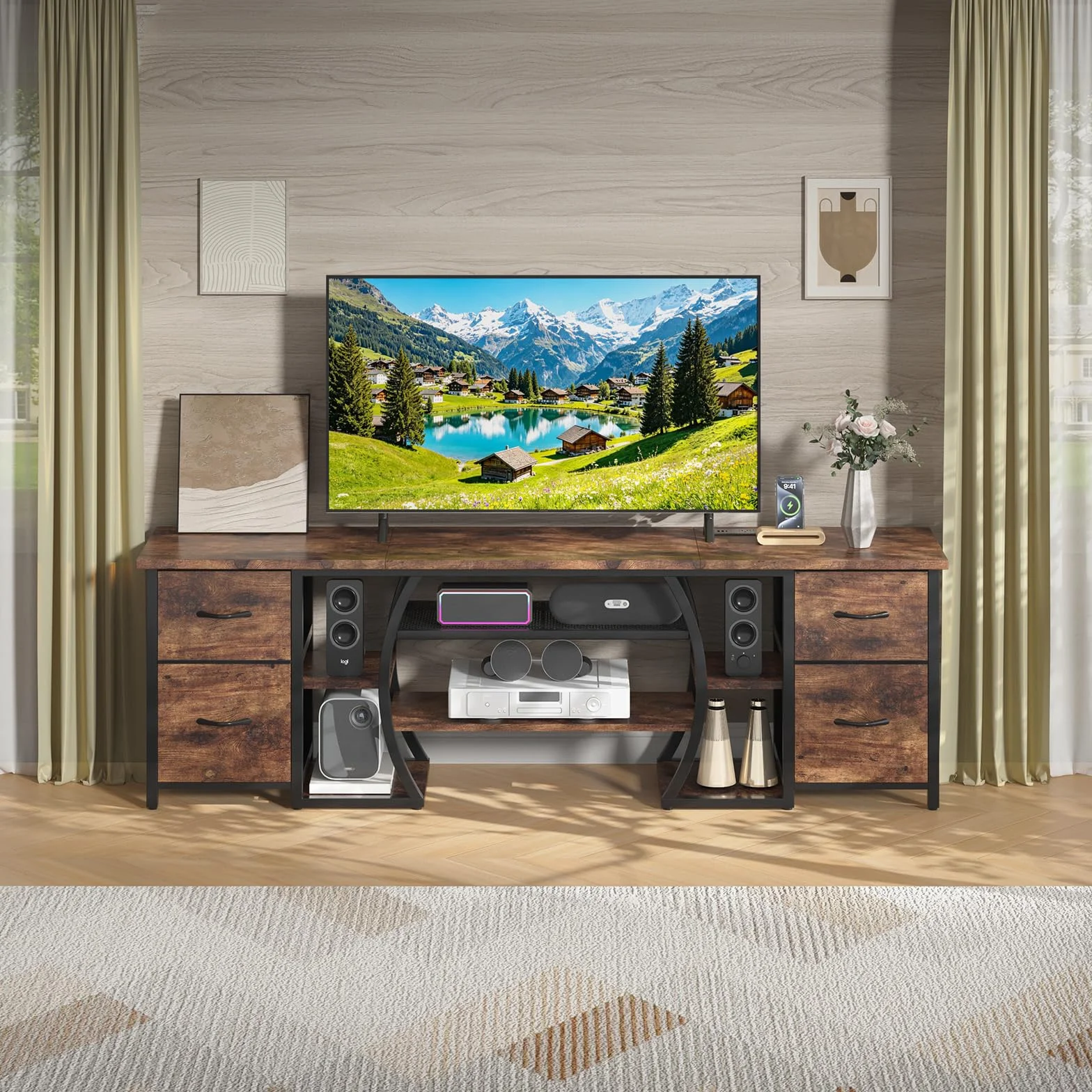 LED TV Stand for 65, 70, 80 Inch TV,71 Inch Industrial Entertainment Center with Power Outlets,Media Console Table with Open Storage Shelves & Fabric Drawers for Living Room Bedroom,Rusti Brown