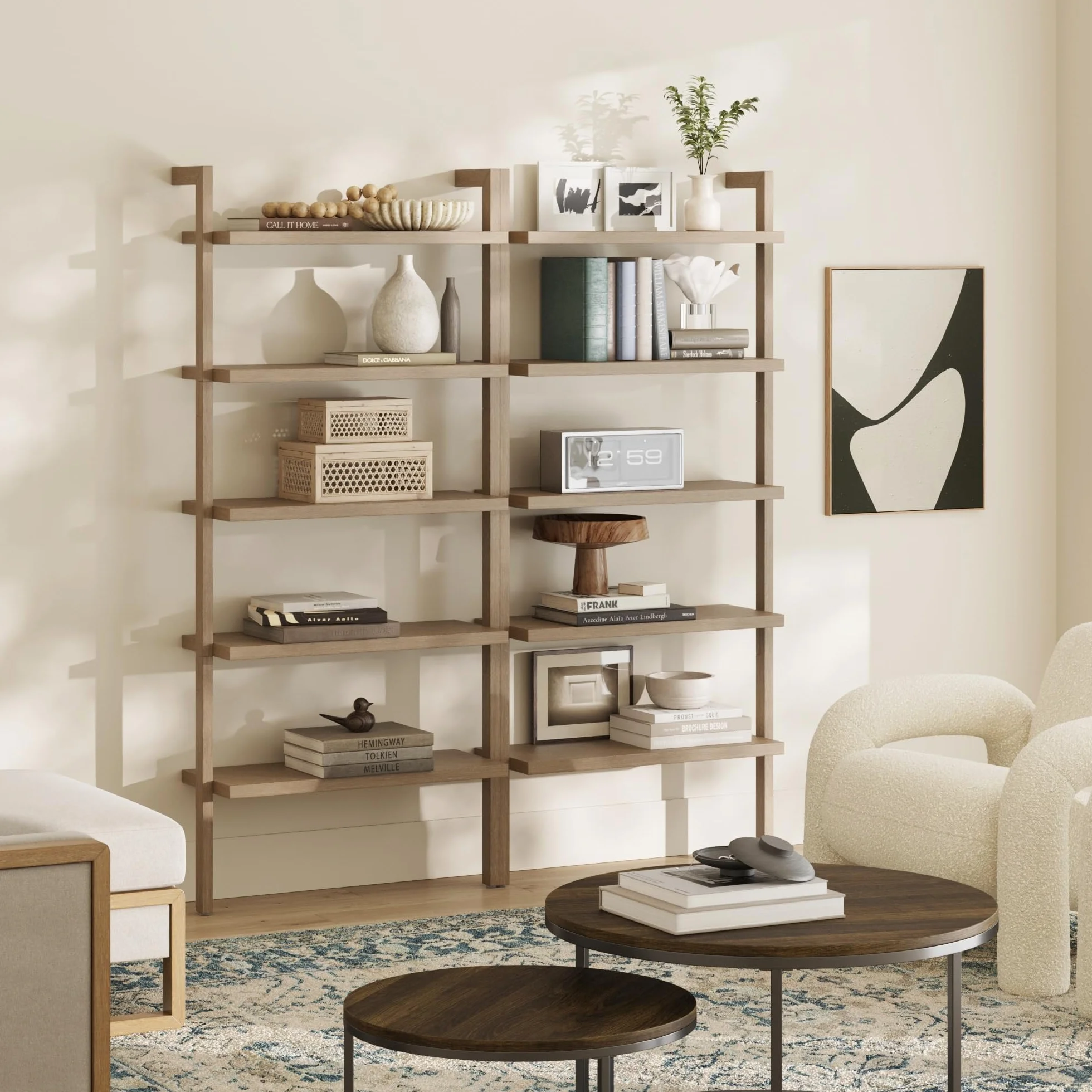 Nathan James Beacon 5 Tier Bookshelf, Wall Mounted Bookcase, Solid Wood Bookshelf in Wire Brushed Finish, Boho Rustic Bookcase