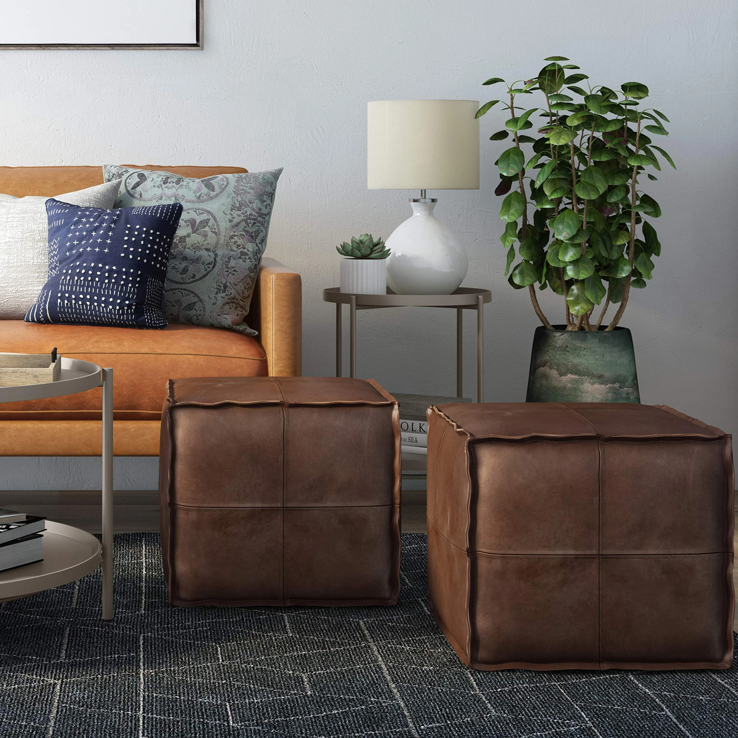 SIMPLIHOME Brody 24" Wide Pouf in Distressed Camel Brown Faux Leather