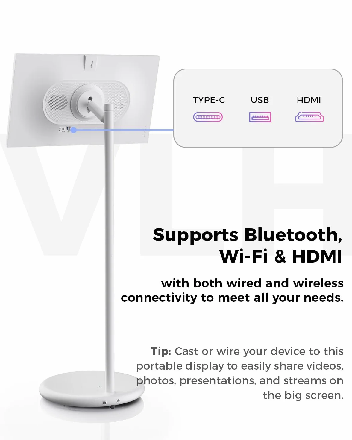 VLH 27″ FHD Touch Screen Rolling TV, Smart Portable TV on Wheels, 6G+128GB, 27000mAh Battery, Android 15 OS, EDLA-Certified, Wireless Tablet TV with Voice Remote Control, Built-in 13MP Camera