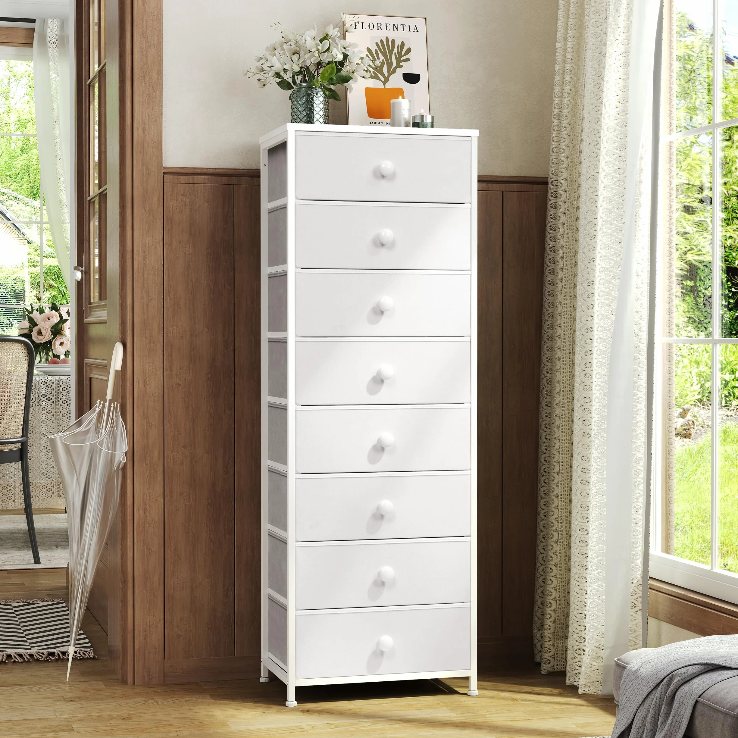 Fabric Dresser for Bedroom, 8 Drawer Tall Vertical Skinny Tower (White) | Wooden Top, Steel Frame, Easy Pull Bin,Organizer Unit for Living Room, Hallway, Entryway, Nursery, Closets