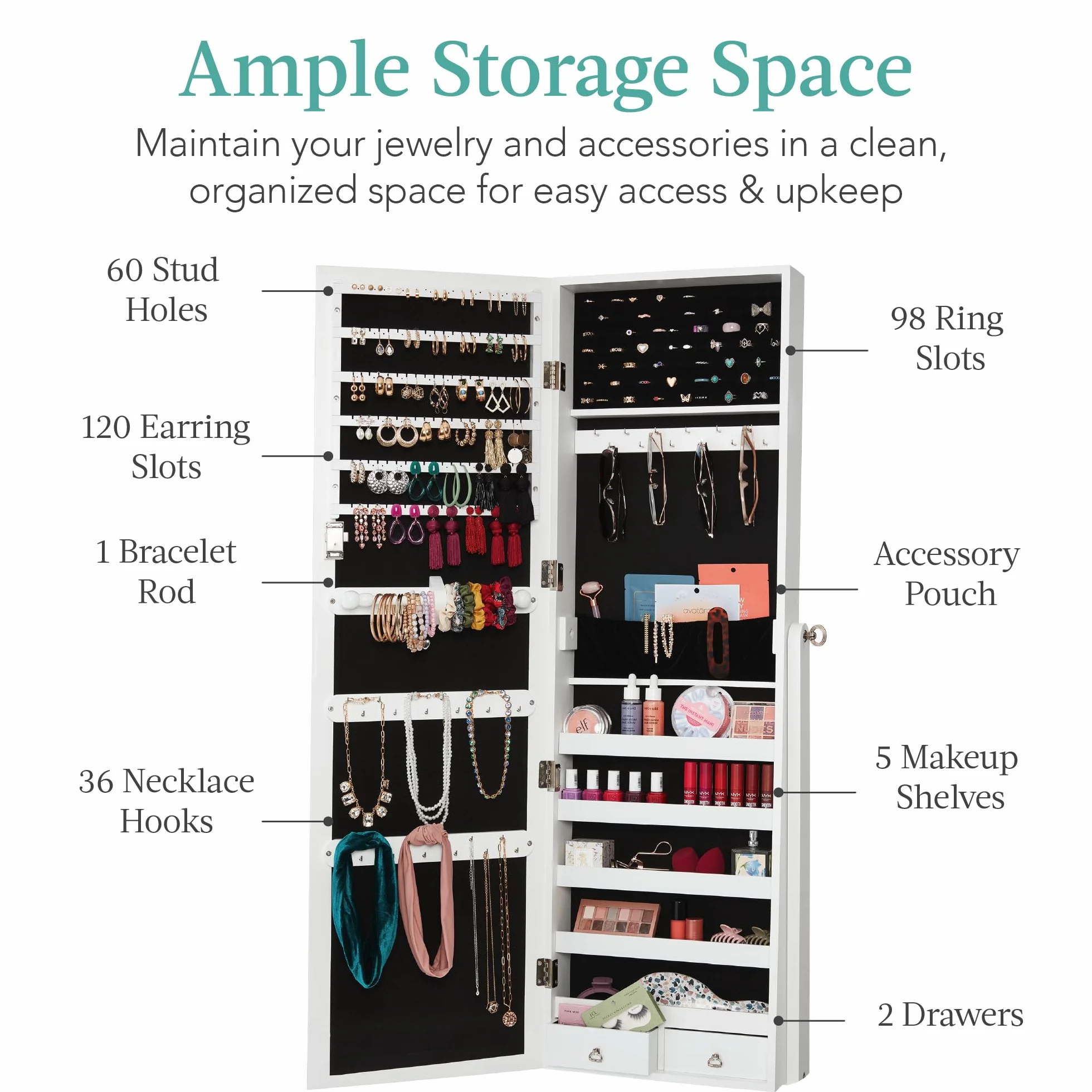 Best Choice Products Freestanding Jewelry Armoire Cabinet, Full Length Standing Mirror, Lockable Makeup Storage Organizer, w/Velvet Lining, 3 Angles, Lock, Accessory Pouch, 5 Shelves - White