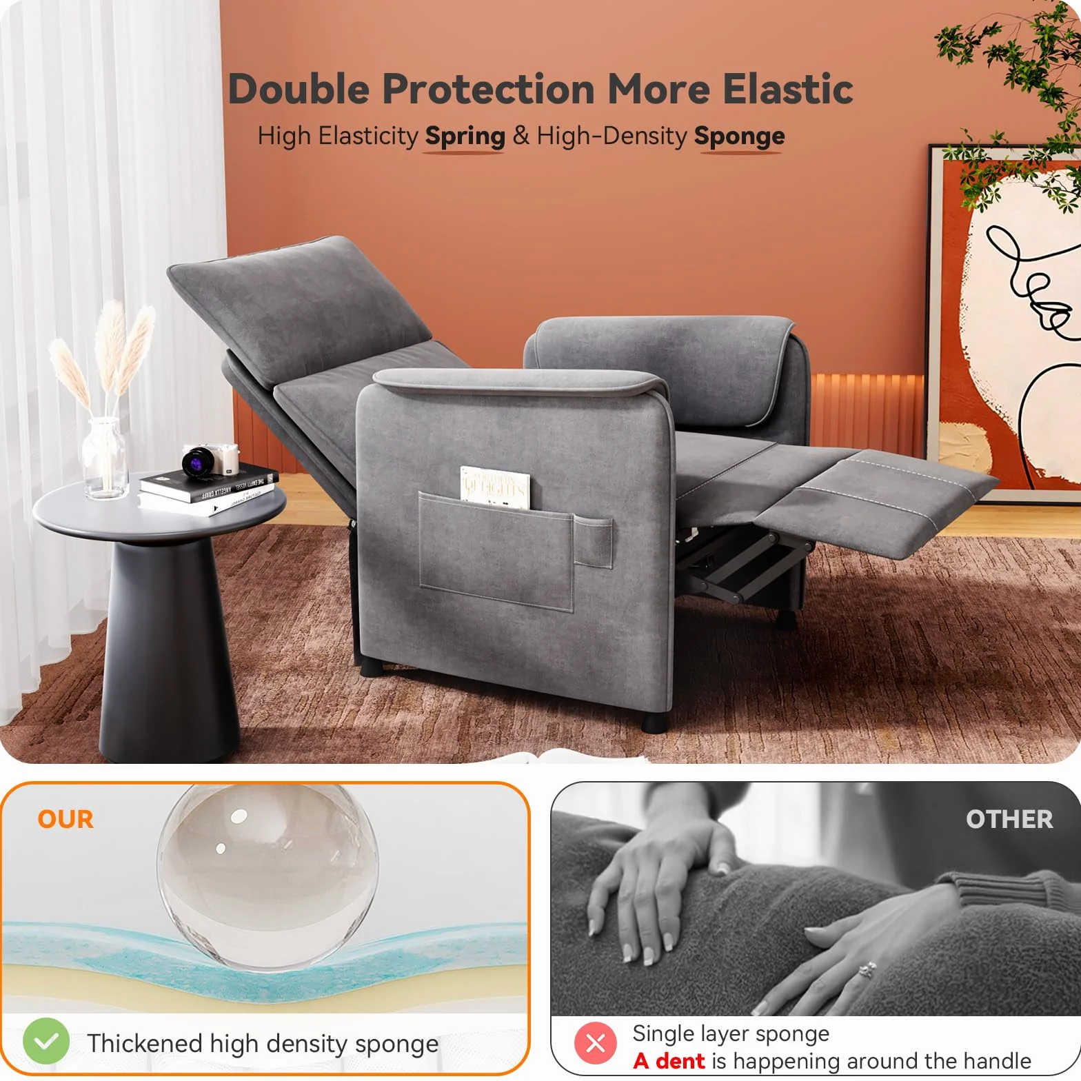 Recliner Chair，Electric Adjustable Chenille Recliner with Remote Control and Padded Backrest,Home Theater Recliner Single Sofa Seat with Thick Seat Cushion for Living Room Bedroom (Grey)