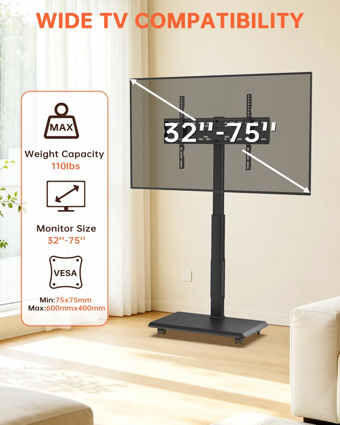 Afaloona Rolling TV Stand for 32-75" TV with Power Outlet,Height Adjustable | Mobile TV cart with 18 height settings, up to 110 lbs, ±30° swivel and Max VESA 600×400mm for homes, offices and classrooms.