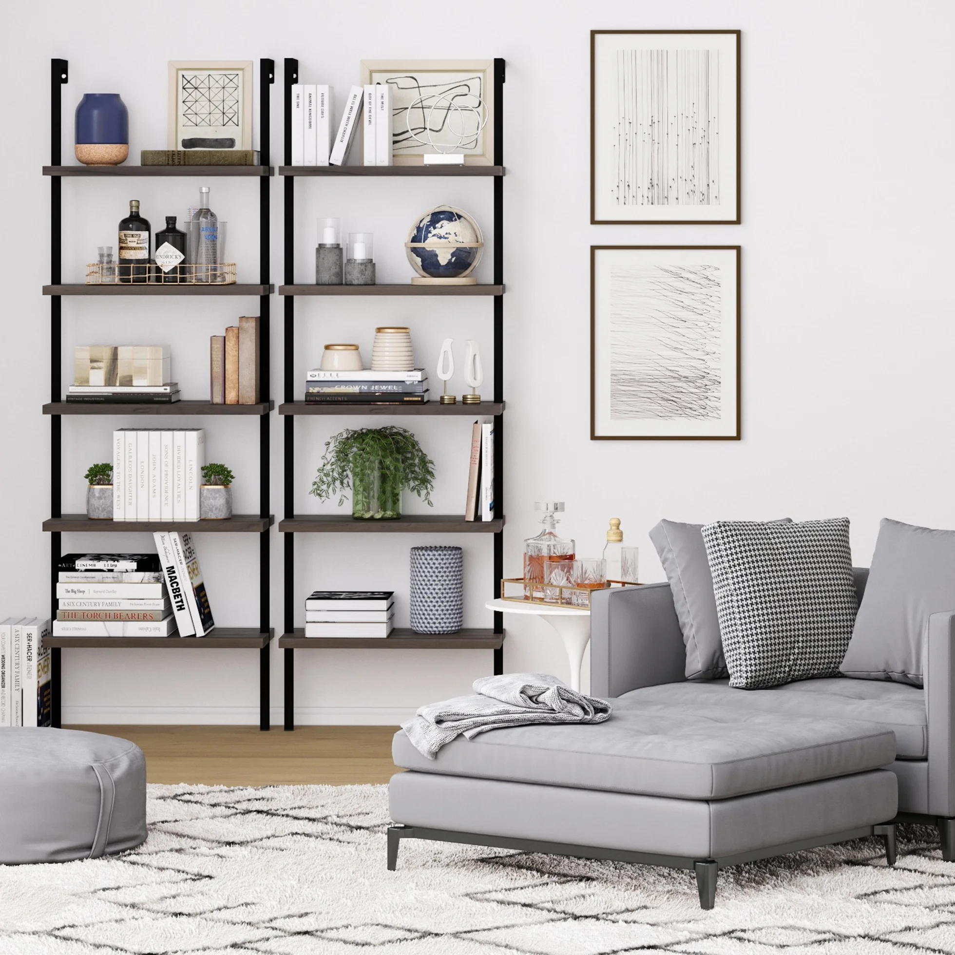 Nathan James Theo 5-Shelf Wood Modern Bookcase, Open Wall Mount Ladder Bookshelf with Industrial Metal Frame, Dark Brown Nutmeg/Black