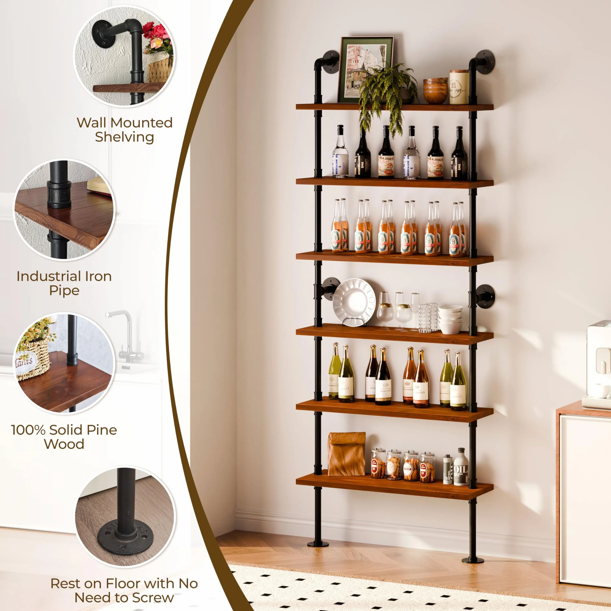 Industrial Pipe Bookshelf, Wall Mounted Shelf, 36 Inch, Walnut Brown | 6 Tier Open Bookcase, Solid pine wood, black iron pipe frame, 40 lbs per shelf, for books, kitchen, office decor