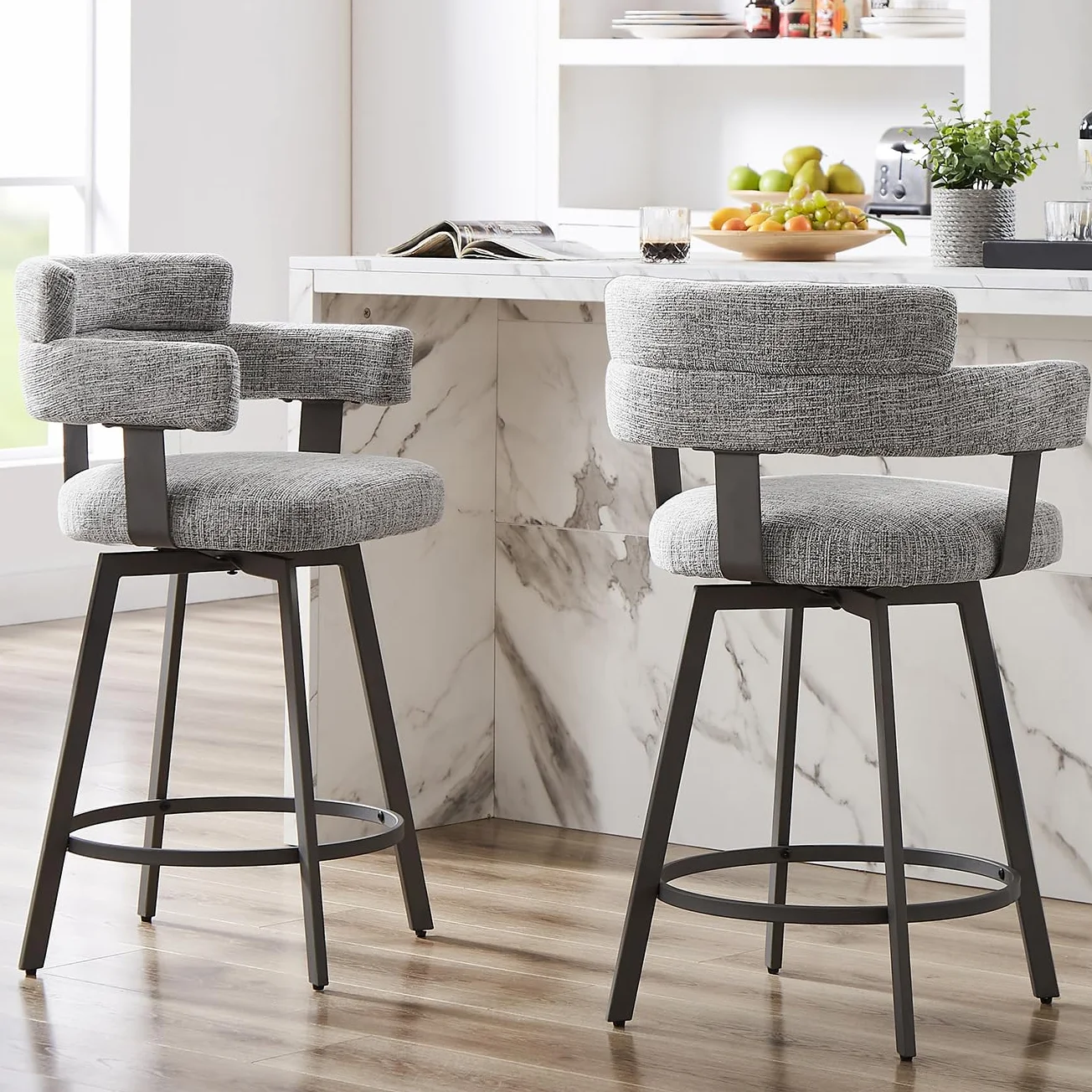 Counter Height Bar Stools with Full Back – Swivel Counter Stools Set of 2 with Linen Padded Back, Metal Footrest, Modern Barstools for Kitchen Counter, Island, Dining Room, Grey 24 inch