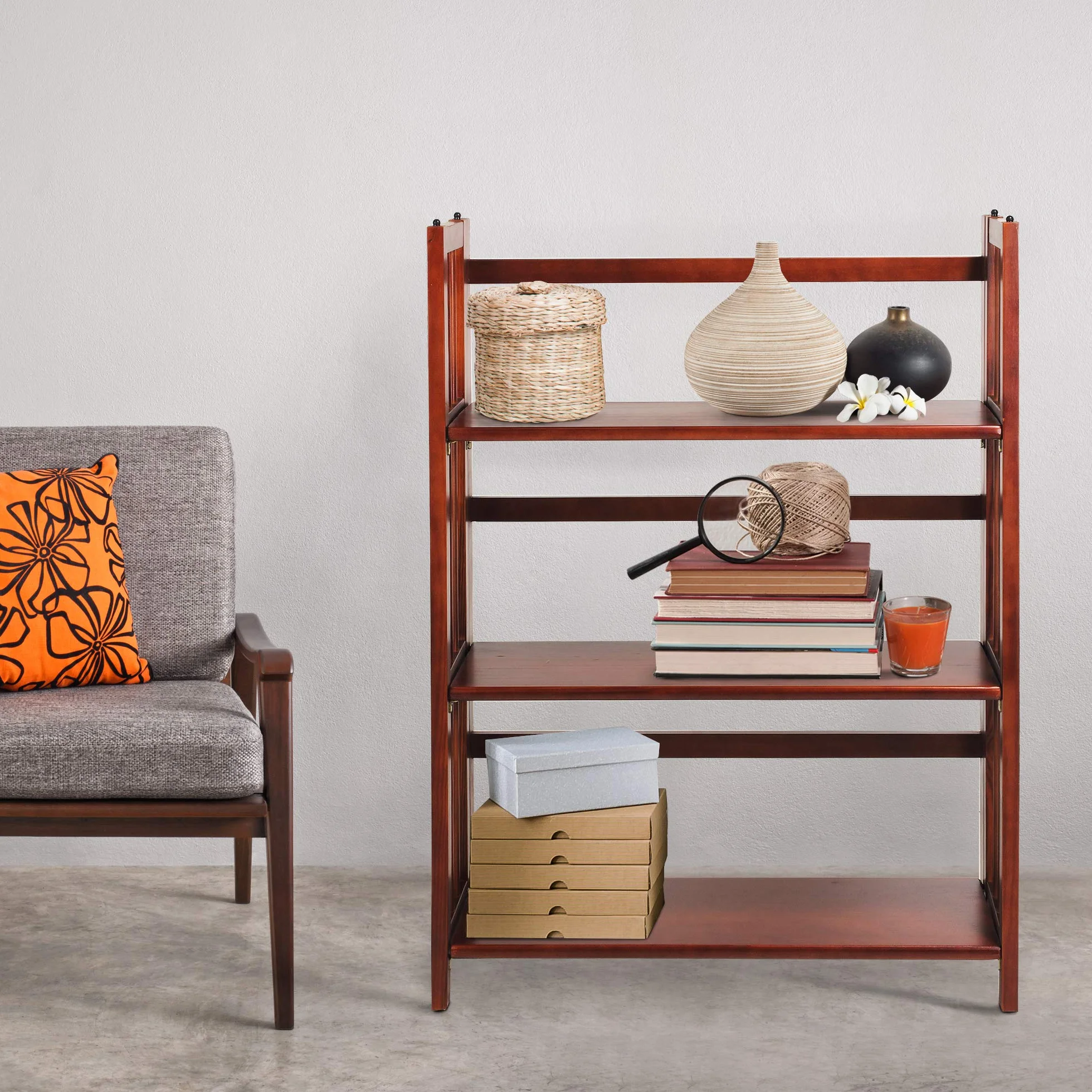 Casual Home 3-Shelf Folding Stackable Bookcase (27.5" Wide)-Walnut