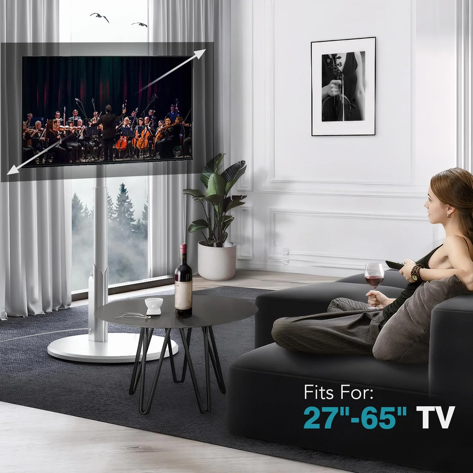 Floor Mobile TV Stand with Power Outlet, Rolling TV Cart for 27-65 Inch OLED LED Monitors, 6 Levels of Height Adjustment, Ambient Lighting on The Bottom Wheels Holds up to 88lbs, 400x400mm
