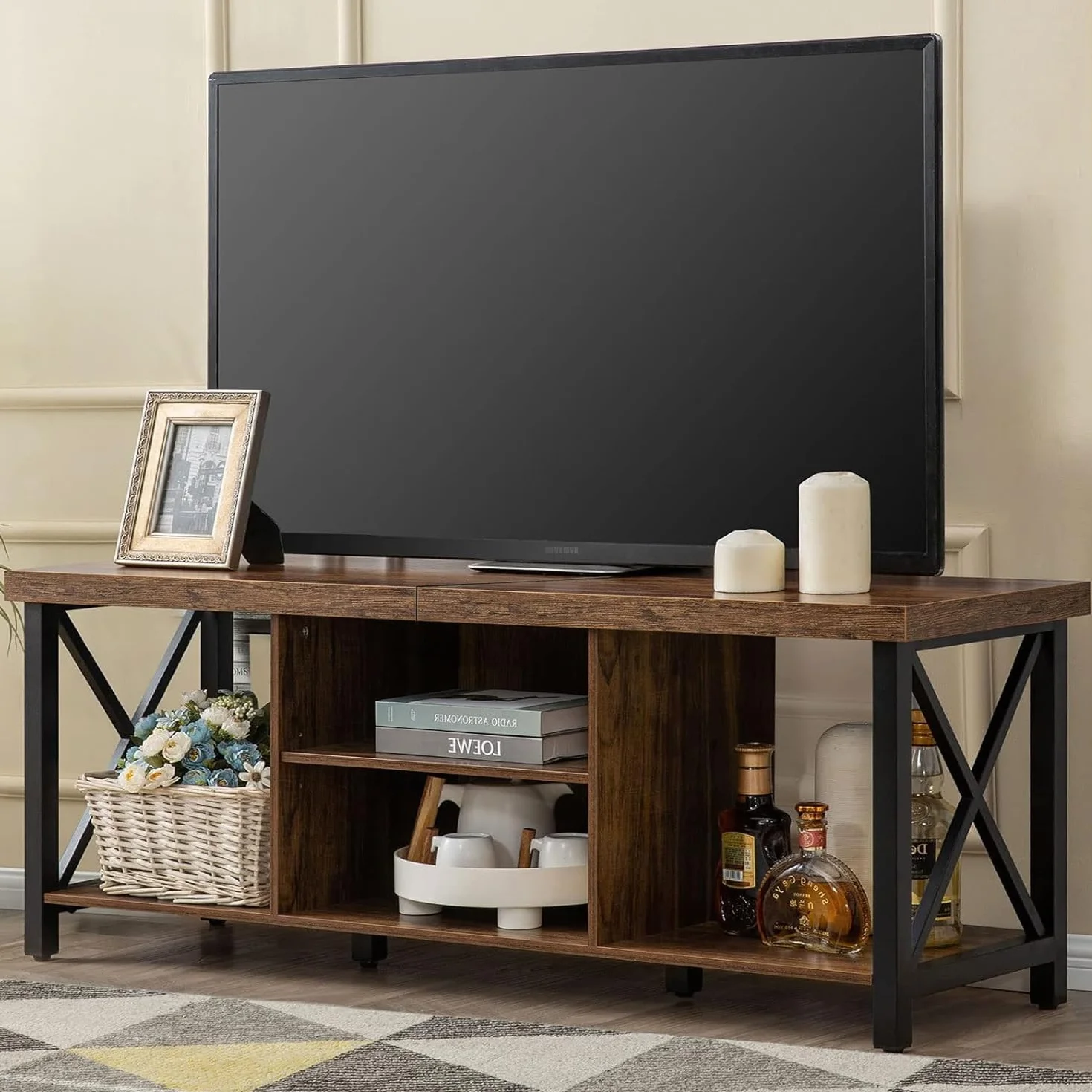 TV Stand for TV up to 65 Inches, TV Cabinet with Open Storage, TV Console Unit with Shelving for Living Room, Entertainment Room, Rustic Brown