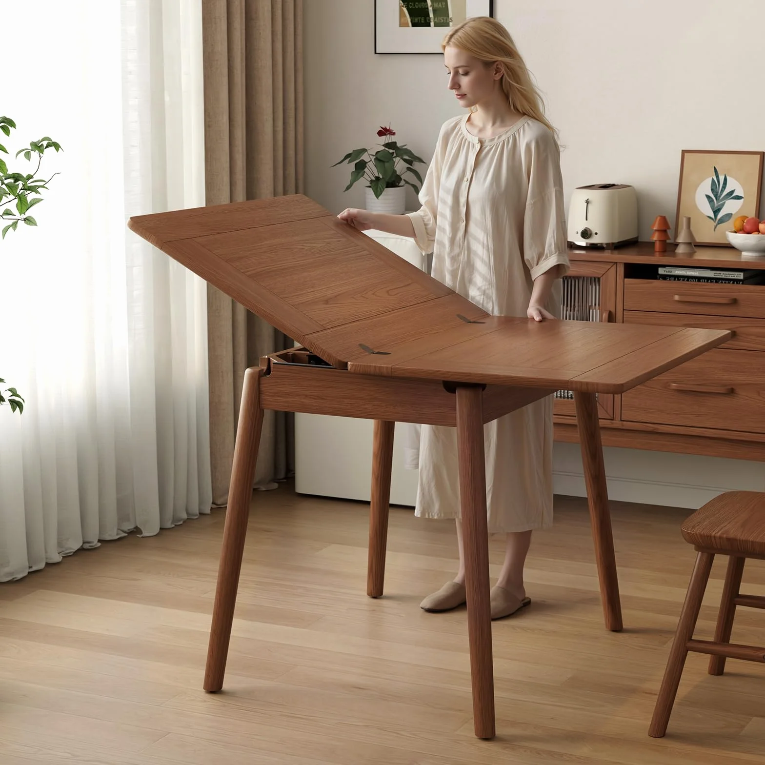 Solid Wood Small Dining Table for 2-6, 23.6"L-47.2"L Expandable Kitchen Table, Designed for Small Spaces, Easy Assembly, Suitable for Kitchen, Dining Room, Living Room, Apartment (Walnut)