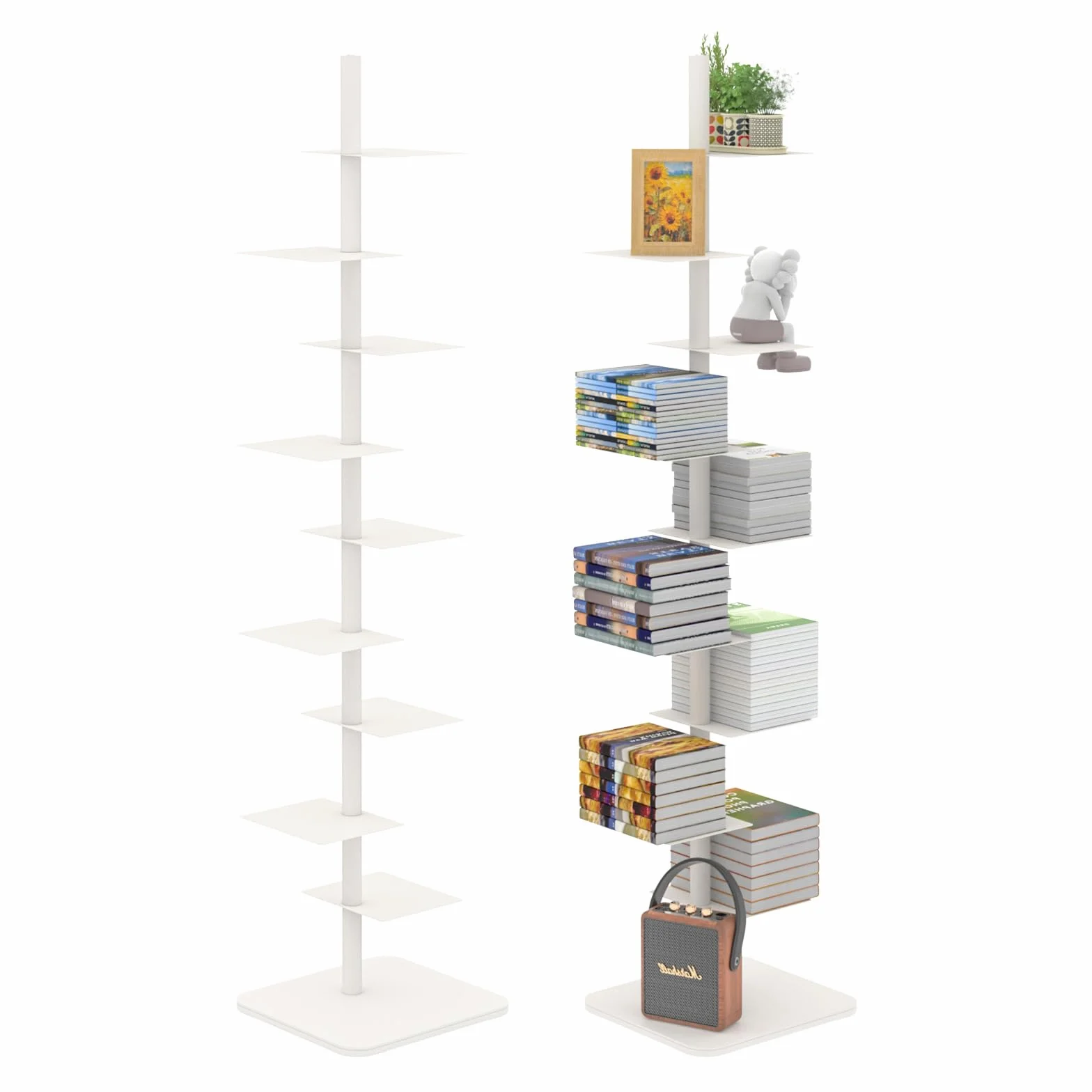 Choowin 9-Shelf Metal Spine Bookshelf Vertical Bookshelf, Adjustable Modern Floating Narrow Tree Book Shelf Book Tower, Display Shelf for Bedroom Living Room Office, 70 inch Tall, White