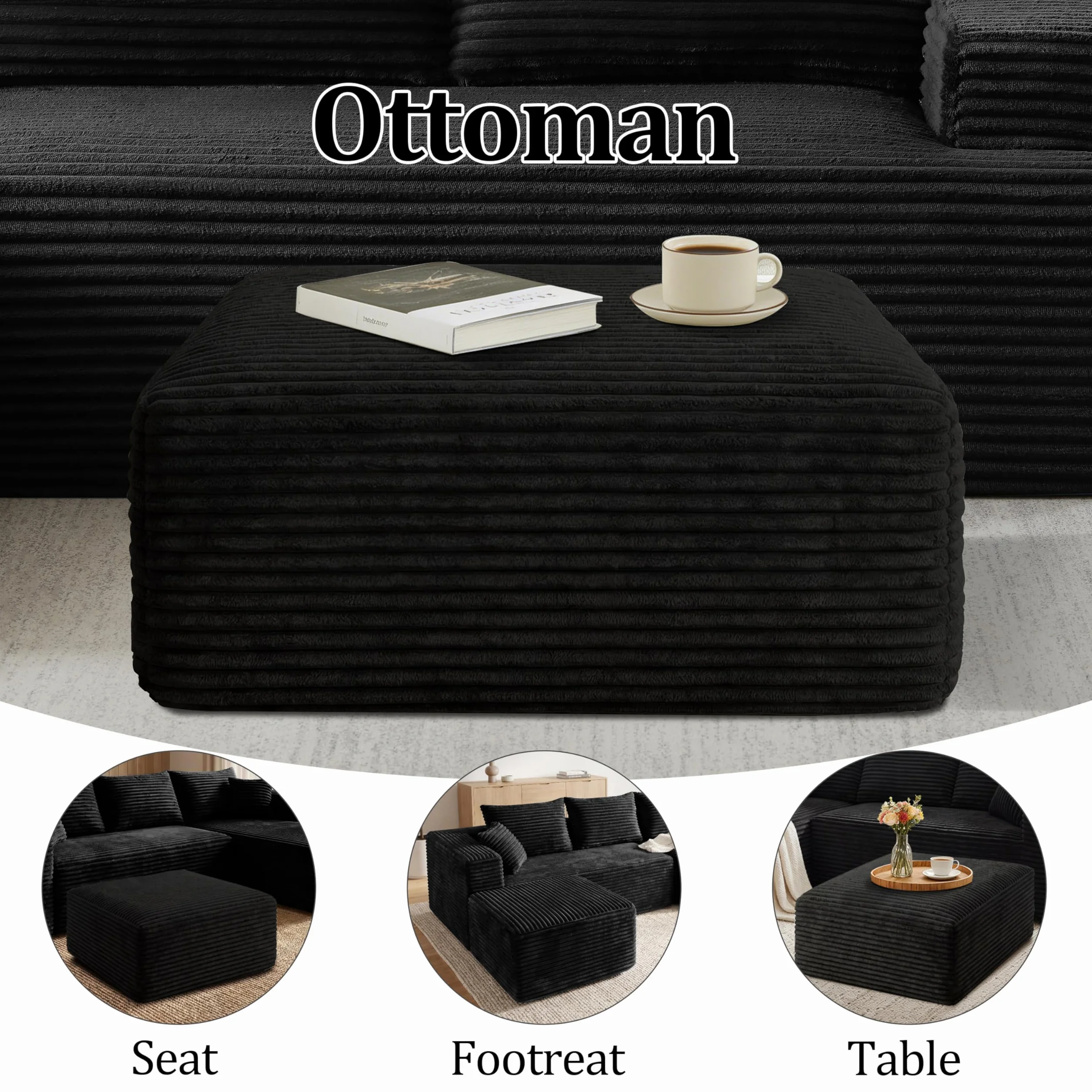 Corduroy Ottoman, Modern Boneless Cloud Foot Rest Foam Support, Oversized Modular Sectional Sofa Stool for Living Room, Bedroom & Small Spaces, No Assembly Required (Black, Ottoman)