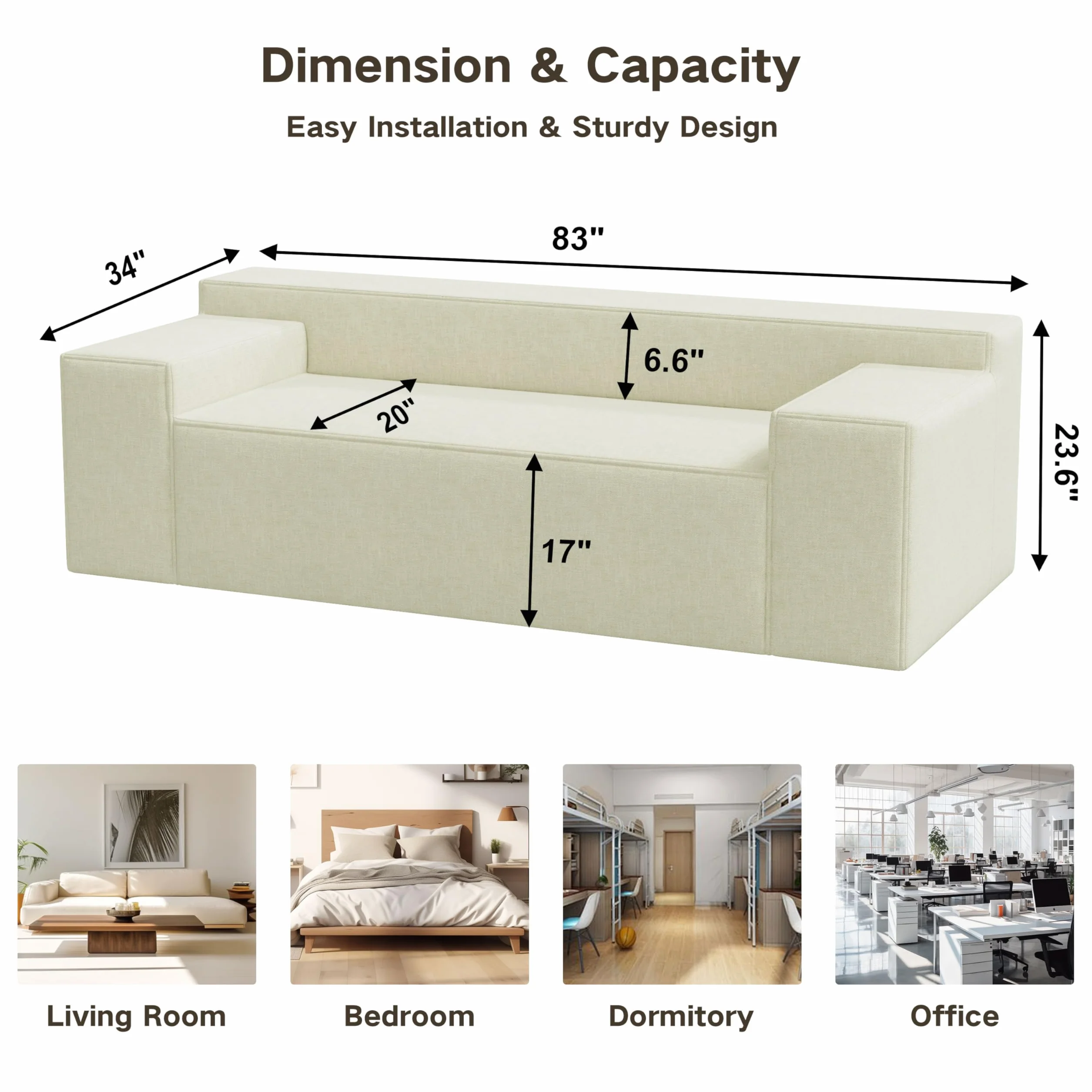 Modern 3-Seater Sofa, Hybrid Sofa in a Box, No Assembly Required, Comfy Sofa Couch with 3 Matching Pillows, Cat-Scratch Resistant Linen, Couch for Living Room or Bedroom, Beige