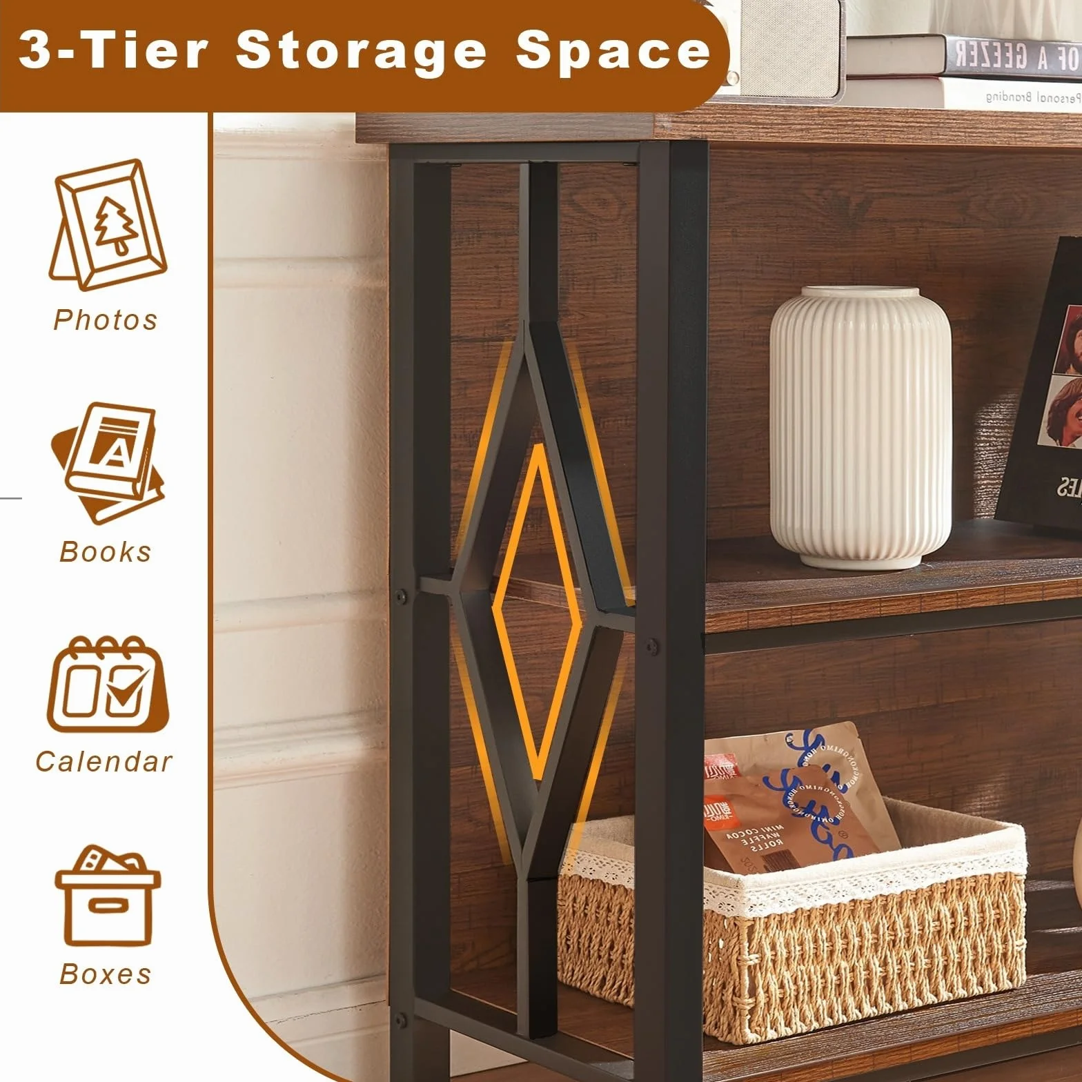 HOMISSUE Bookshelf, 3-Tier Rustic Short Bookshelf, Industrial Shelf Bookcase with Engineered Wood Shelves, Low Bookcase with Storage, Small Shelf for Living Room, Bedroom and Office, Rustic Brown