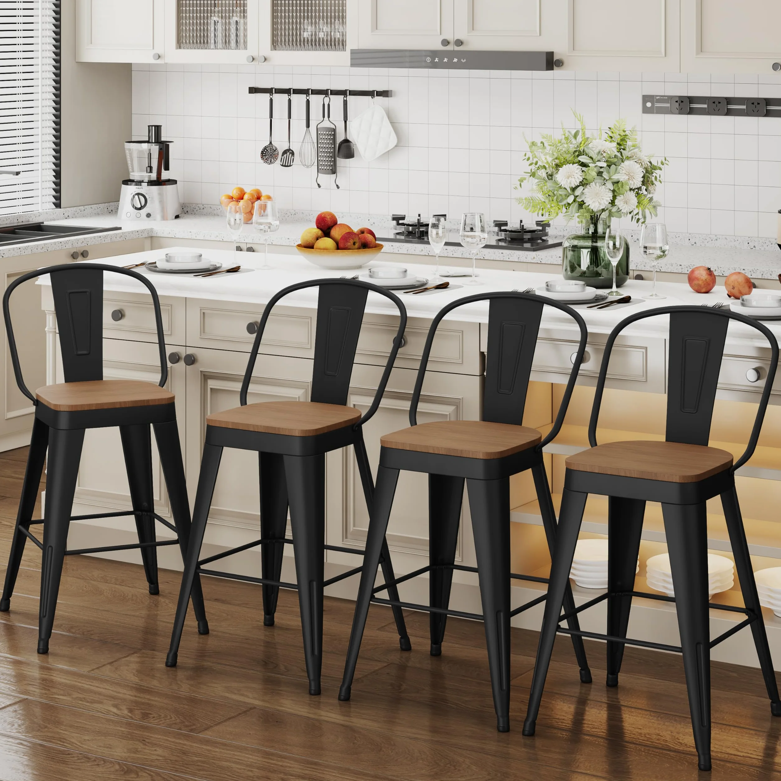 ALISH 24 Inch Bar Stools Set of 4, Industrial Counter Height Barstools High Back Metal Bar Stools with Large Wood Seat Bar Chairs for Kitchen Island (24 Inch Set of 4, Black)