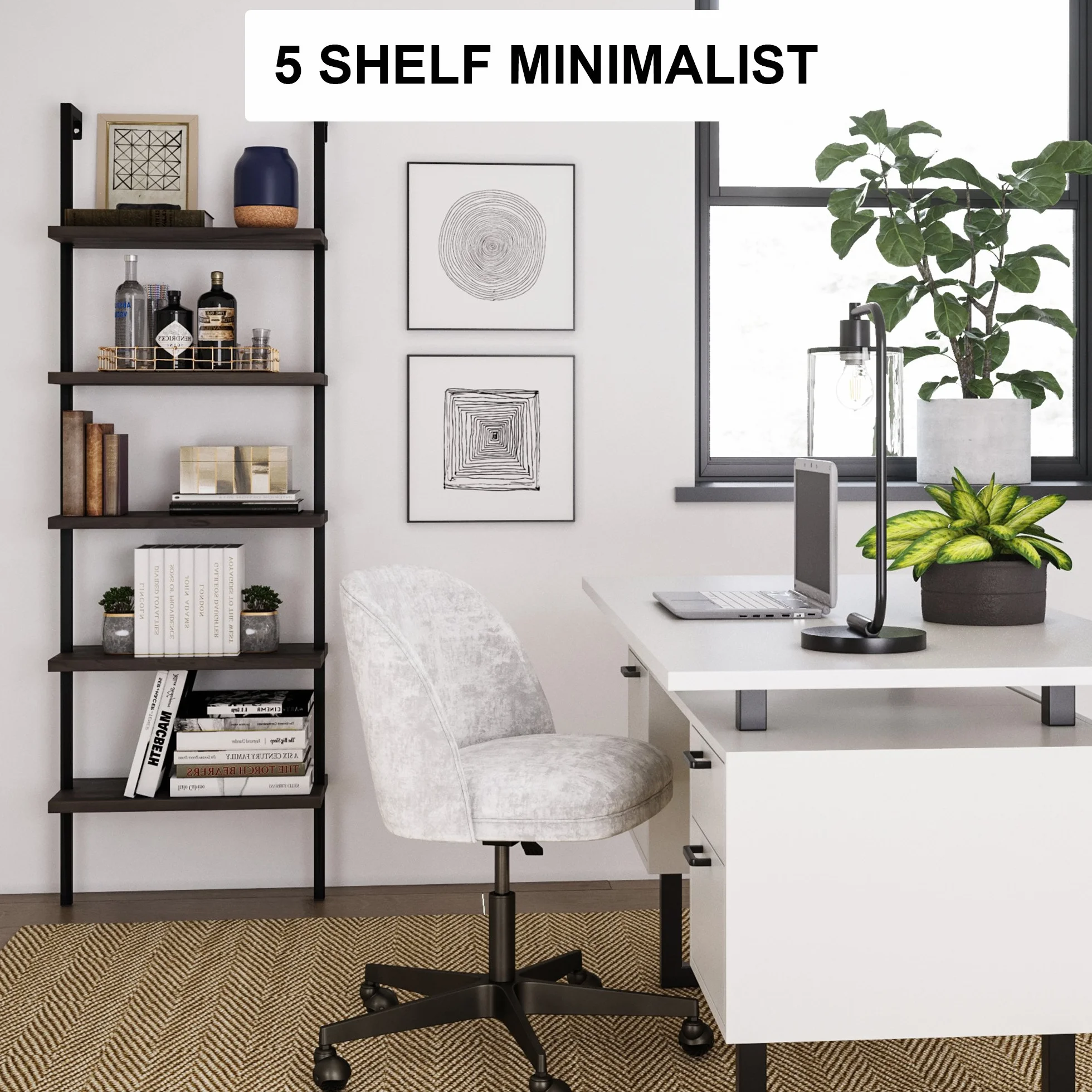 Nathan James Theo 5-Shelf Wood Modern Bookcase, Open Wall Mount Ladder Bookshelf with Industrial Metal Frame, Dark Brown Nutmeg/Black