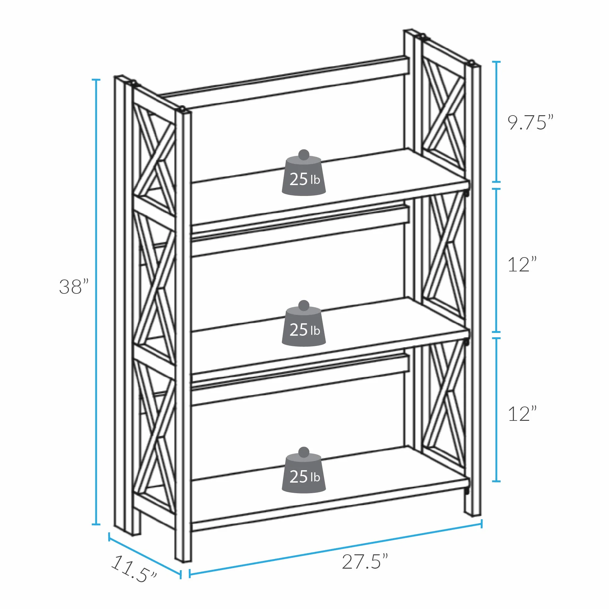 Casual Home Montego 3-Shelf Folding Bookcase, Natural , 27.5" Wide