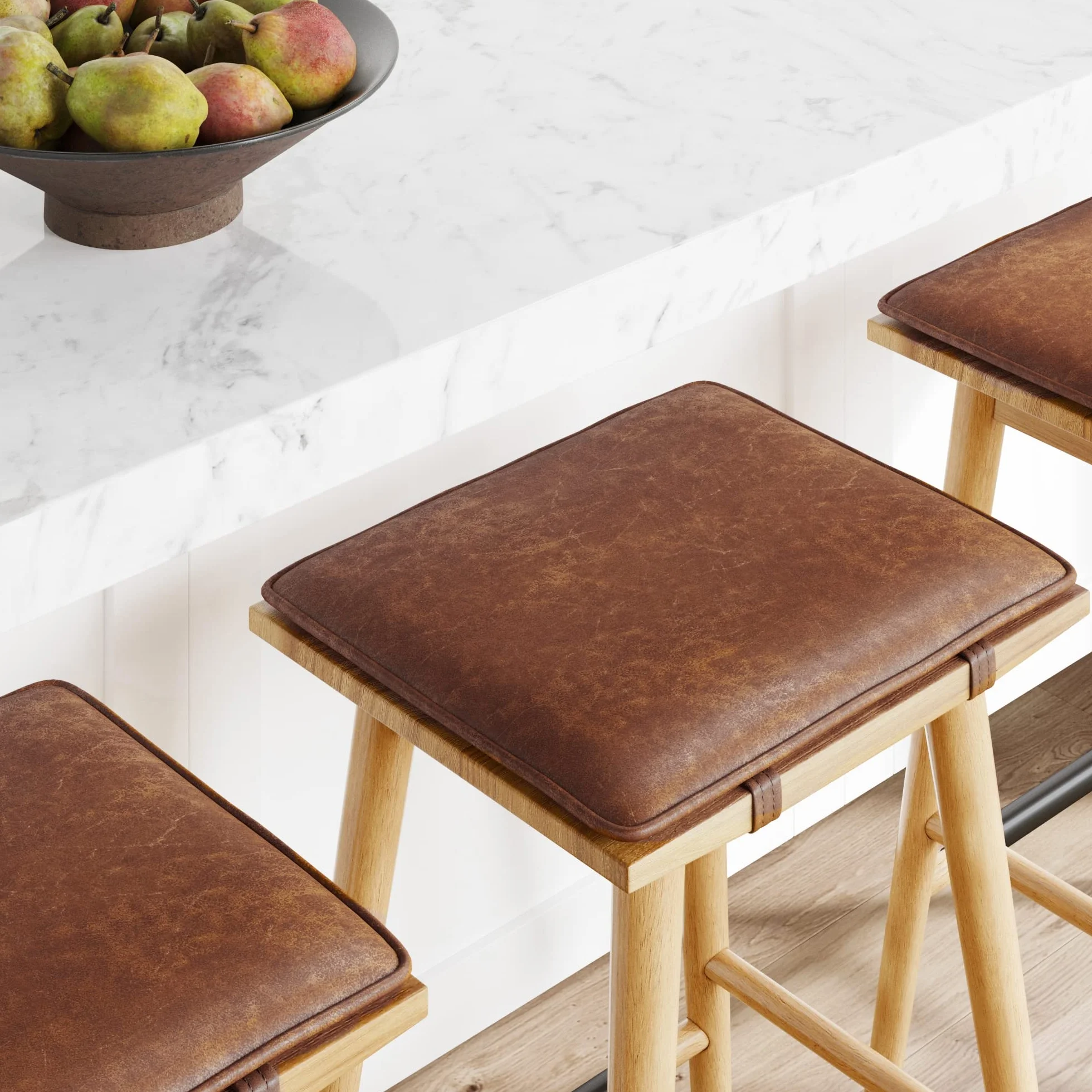 Nathan James Barker Classic Counter Height Wood Barstool with Leather Removable Cushion, Backless Island 24" Bar Stool for Kitchen, Chestnut Brown