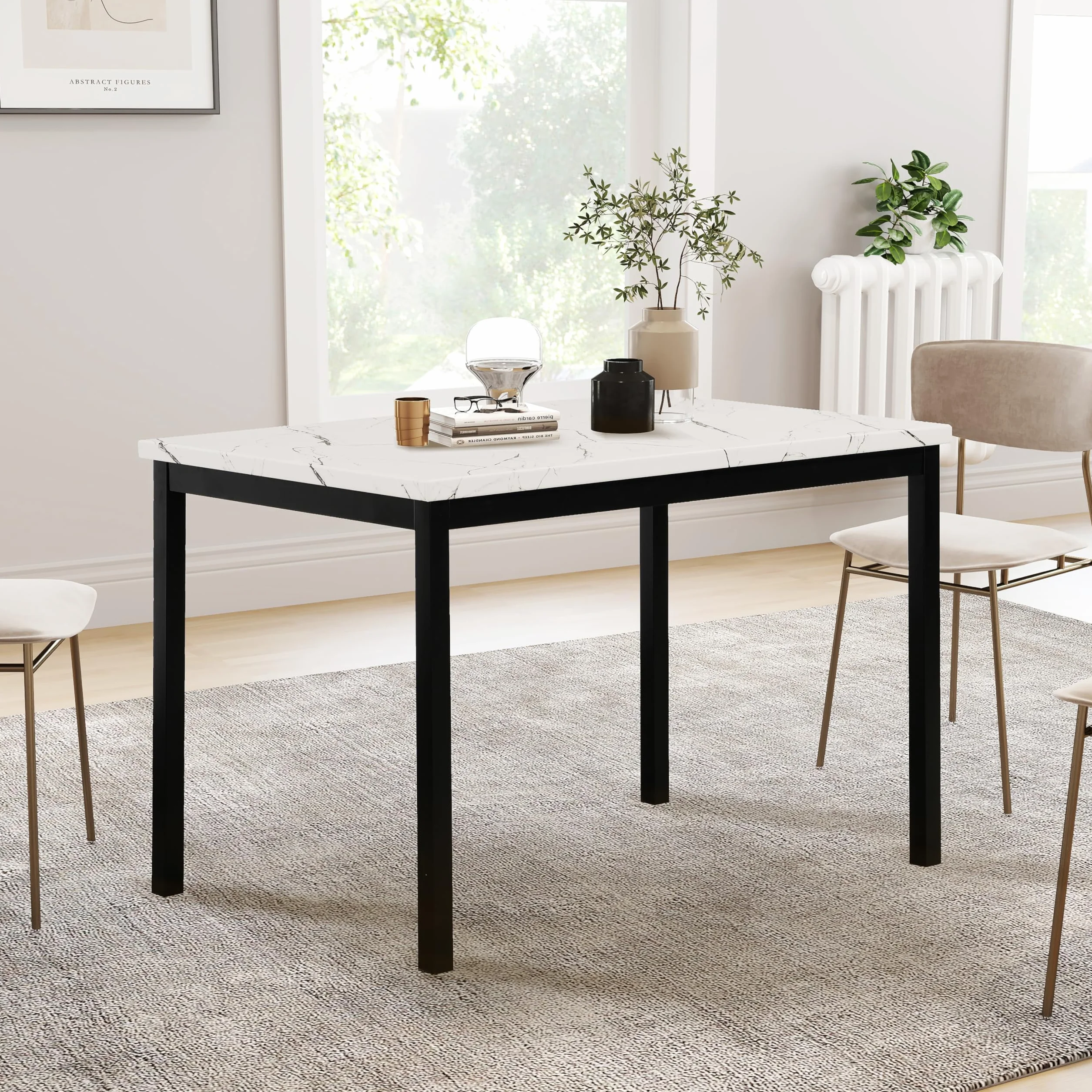 Roundhill Furniture Noyes Metal Dining Table with Laminated Faux Marble Top, Off-White