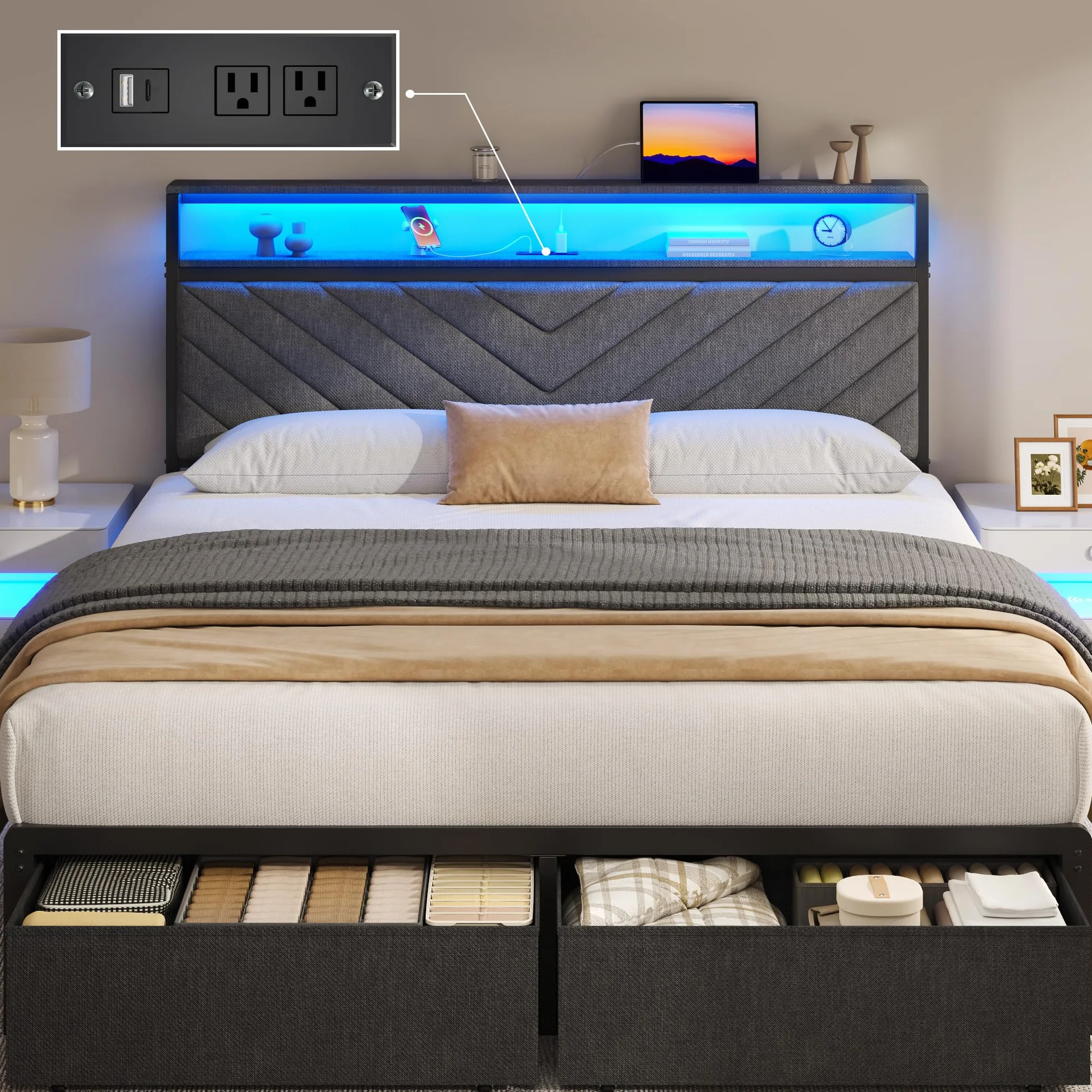 Fluest Queen Bed Frame with 2 Drawers, Upholstered Headboard with Storage and Charging Station, LED Lights, Fabric Drawers with Wheels, Under Bed Storage, No Box Spring Needed, Easy Assembly, Grey