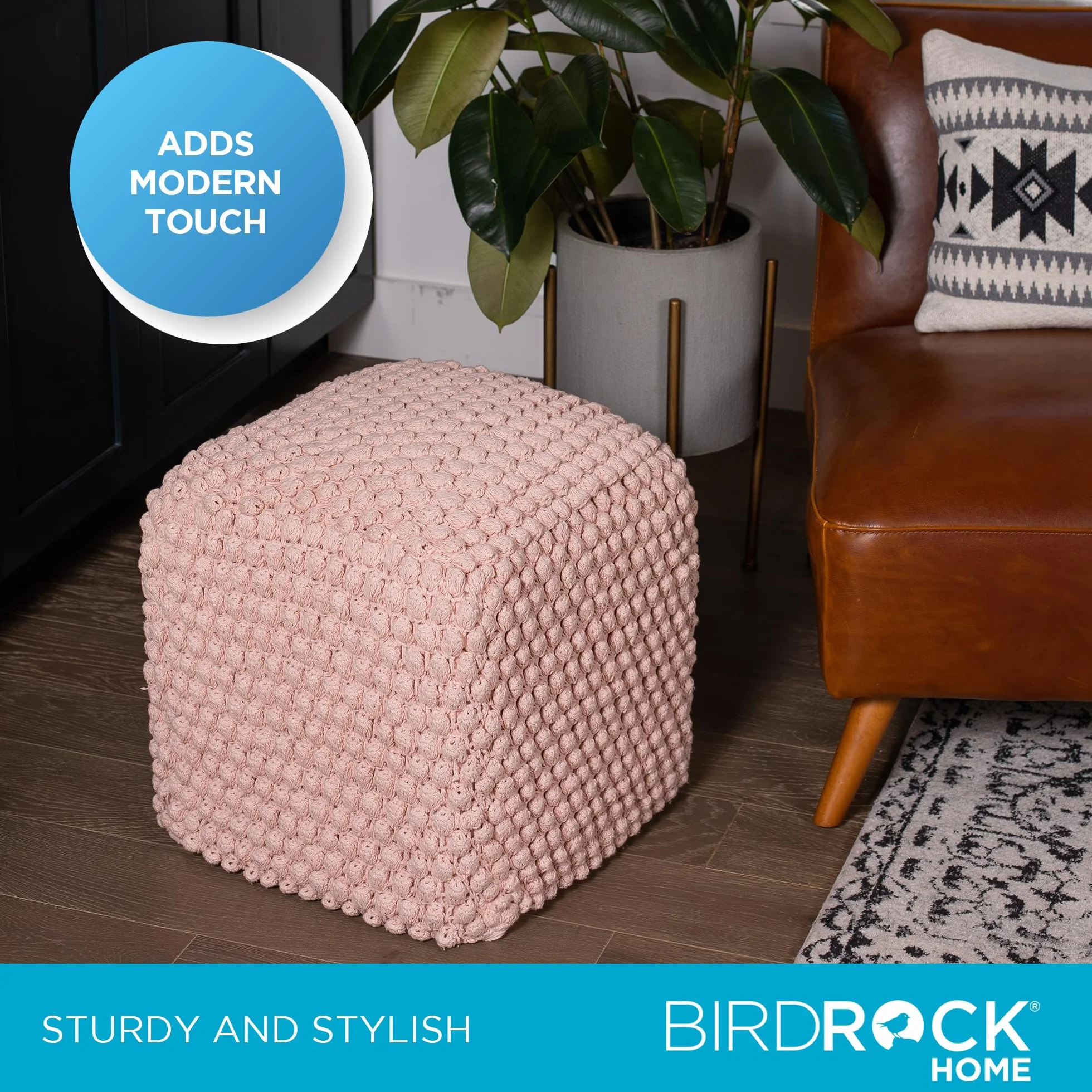 BIRDROCK HOME Square Pouf Ottoman Foot Rest - 18” Compact Comfortable Soft Cotton Knit Bean Bag Floor - Chair Foot Stool Seat for Living Room, Bedroom, or Kids Room (Dusty Rose Pink Bud)