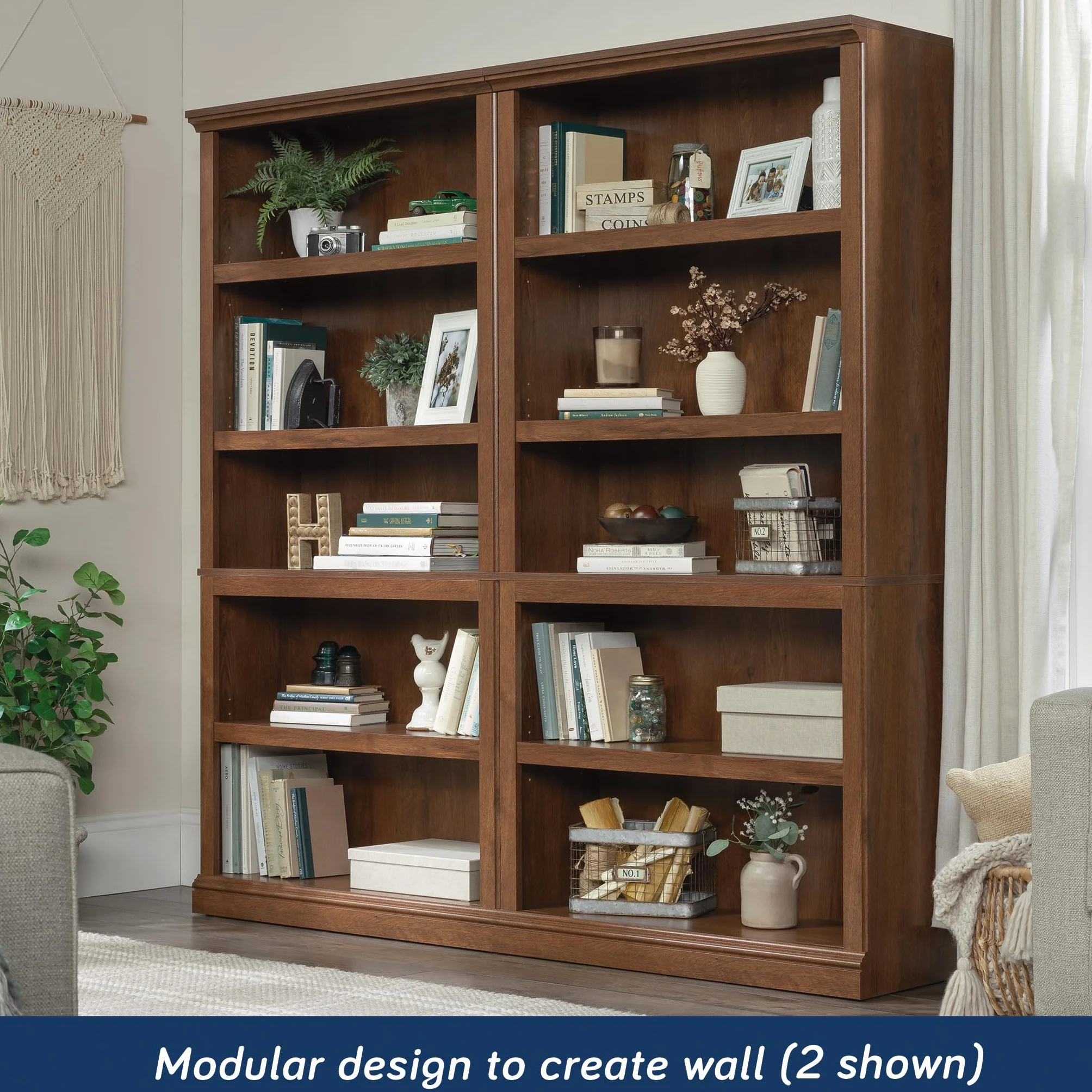 Sauder 5-Shelf Split Bookcase/ Book shelf, Oiled Oak finish