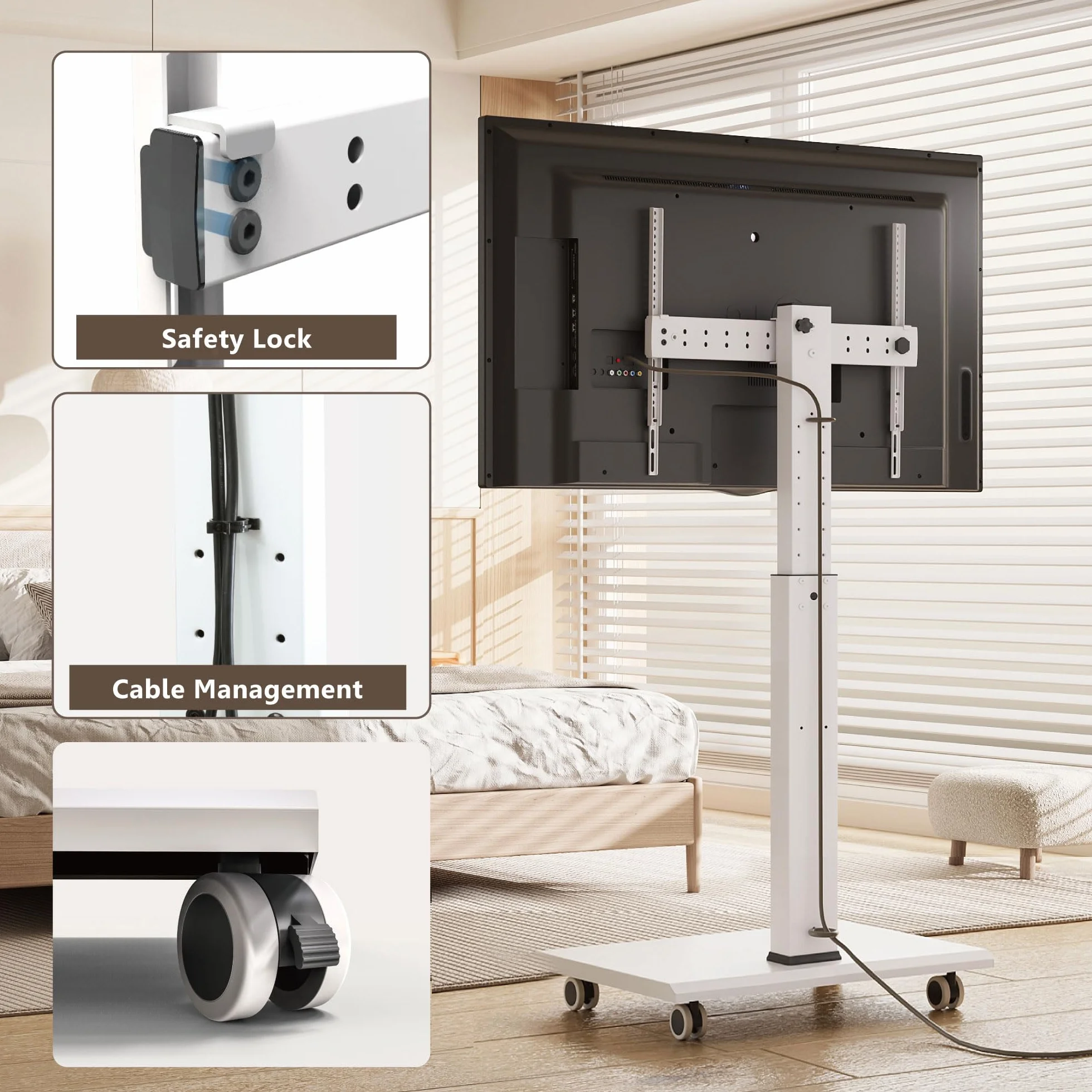FITUEYES Rolling TV Stand - Portable Mobile TV Cart on Wheels for 32 to 65 70 75 Inch TVs, Landscape to Portrait Rotating and 40°Swivel, Height Adjustable TV Cart Rolling TV Stand Hold Up to 88 Lbs