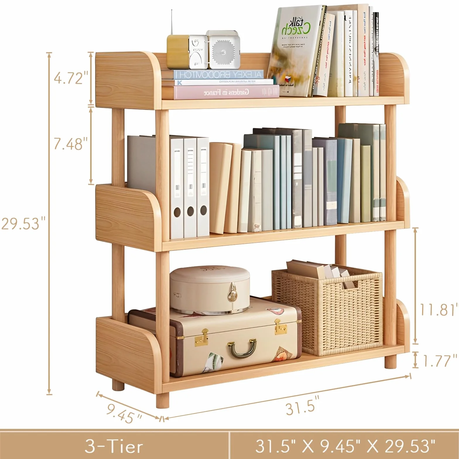 3-Tier Wooden Open Bookcase, Oak | Modern Display Bookshelf with Top Edge, Solid Wood Frame, Home and Office Storage
