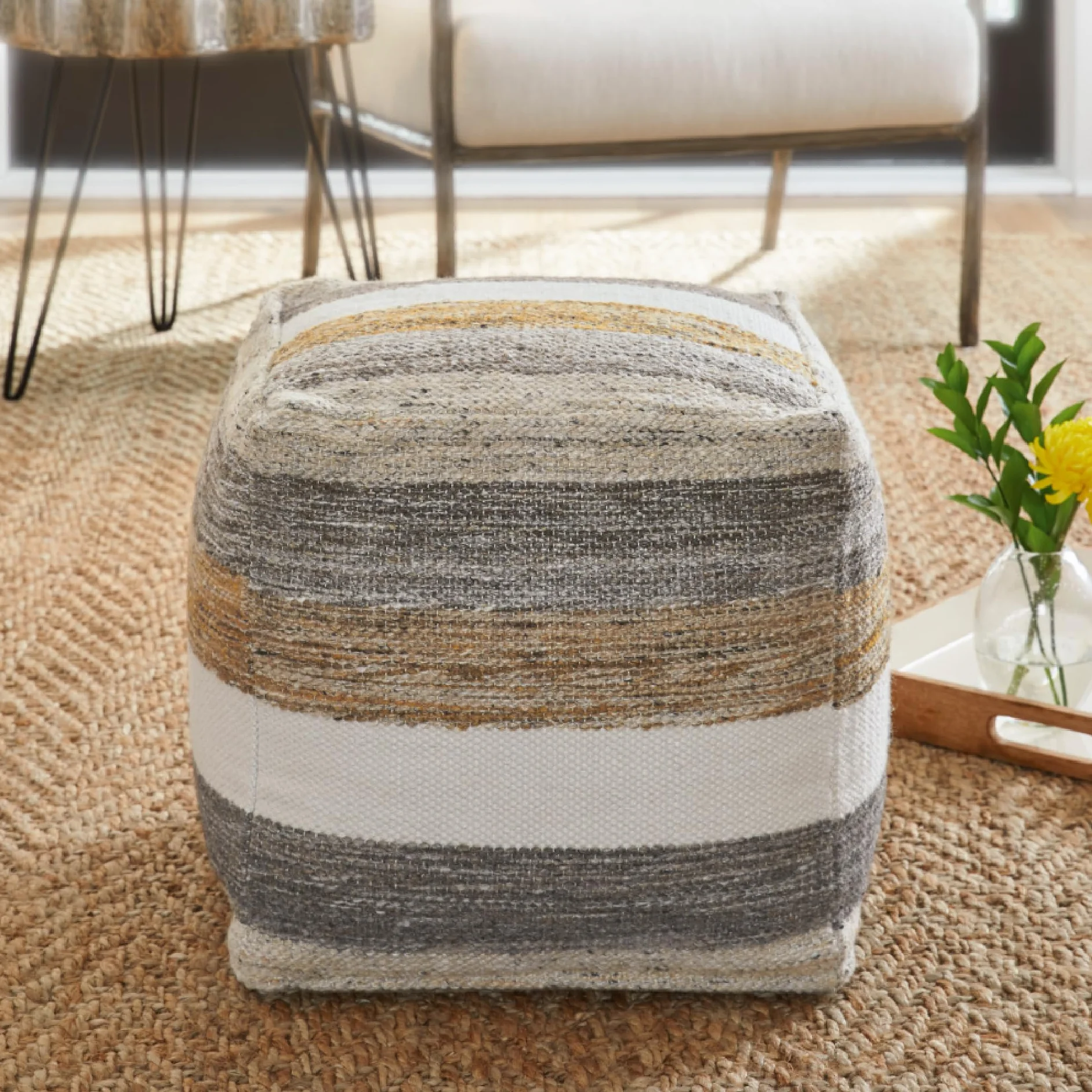 Signature Design by Ashley Striped 16x16 Square Pouf Ottoman, Gray/Brown | Handwoven polyester/wool cover, Supportive polystyrene bead filling, Ideal for casual seating or footrests, Josalind Series