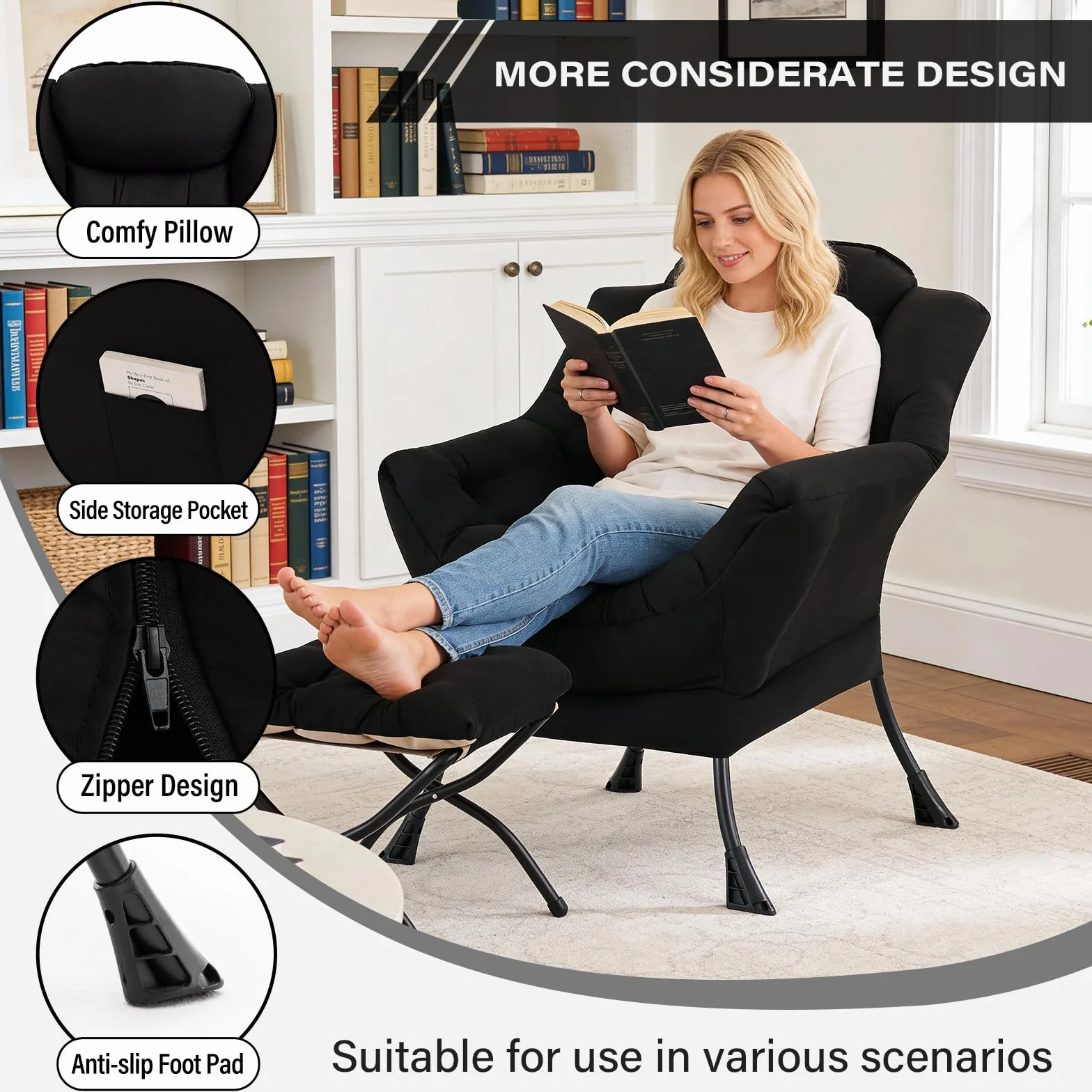 MBOOYOME Modern Lazy Chair with Ottoman, Comfy Accent Reading Chair, Black | Removable & Machine-washable Cover,with Armrests & Side Pockets,Upholstered Lounge Chair for Bedroom,Dorm,Office,Small Space