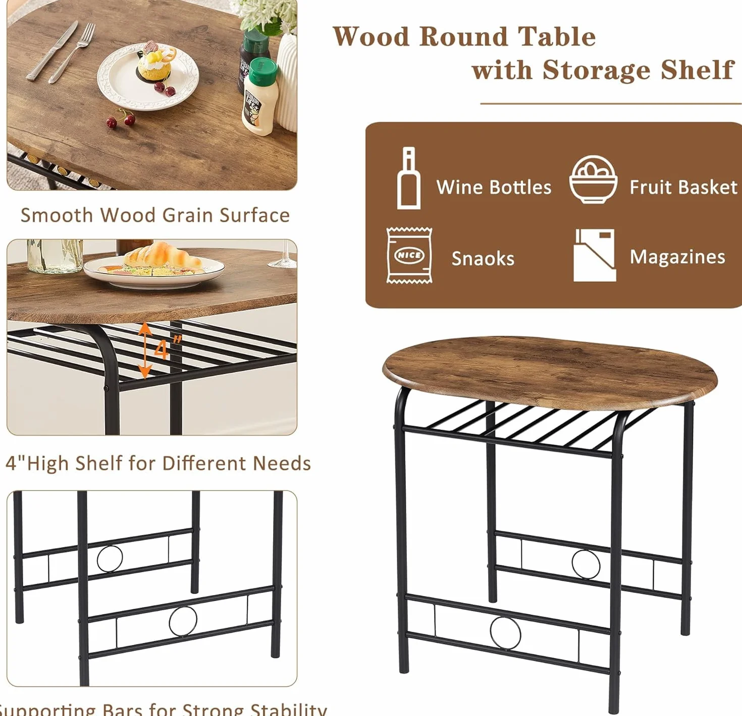 VECELO 3-Piece Dining Table Set for Kitchen Breakfast Nook, Wood Grain Oval Tabletop and Metal Frame with Built-in Wine Rack, for Small Spaces, 31.5", Antique & Black