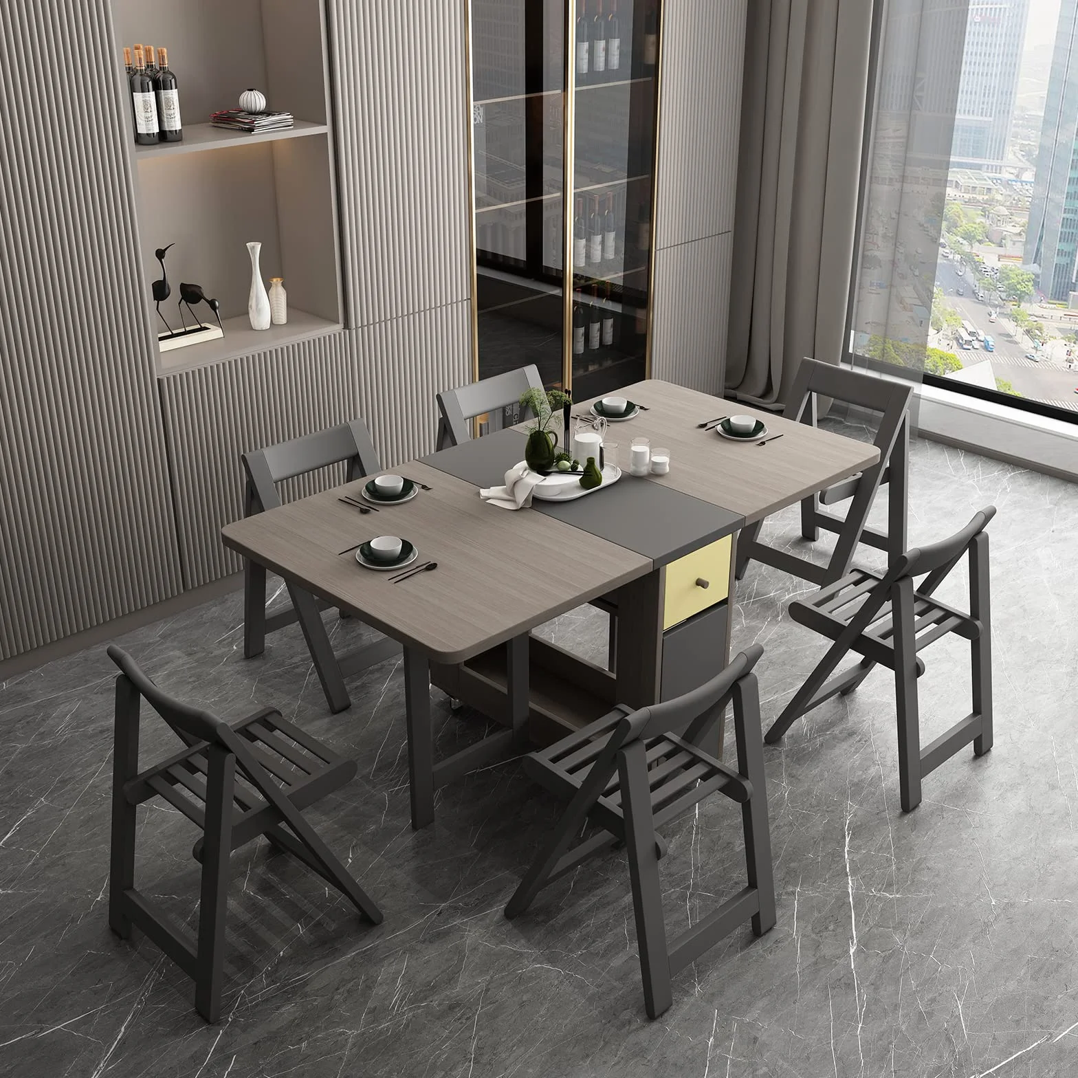 Drop Leaf Folding Dining Table with Storage, 2 Drawers, Grey | 3 Foldable Forms, Space Saving, Movable on Casters, for Kitchen Dining Living Room, Extendable, Versatile