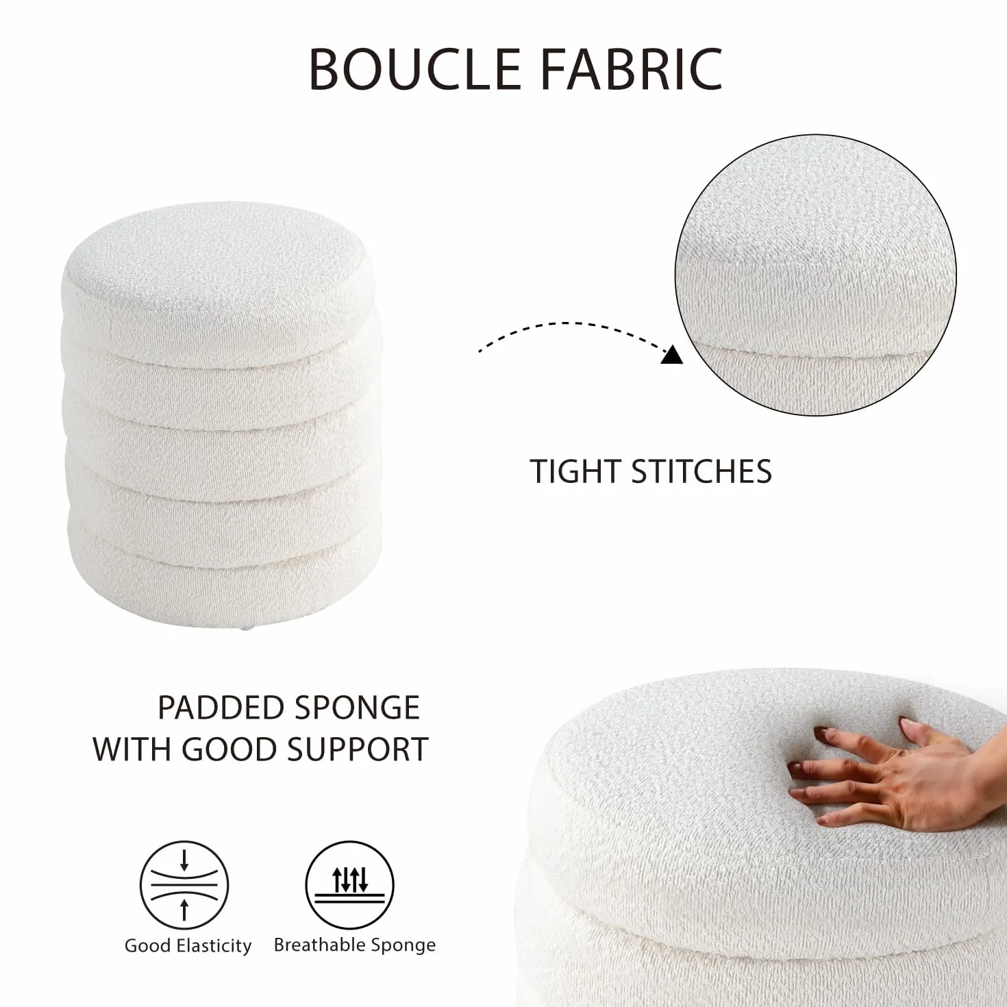 Modern Round Ottoman with Soft Padded Seat, Storage Vanity Chairs for Makeup, Upholstered Footrest Stool Ottoman Foot Stool for Living Room, Bedroom