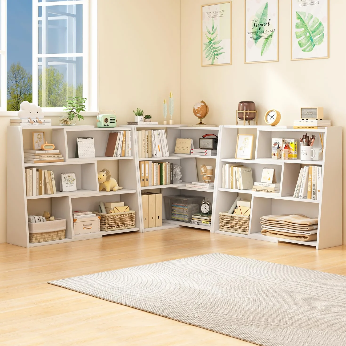 IOTXY Wooden Extendable Shelf Bookcase, 3-Tier Low Bookshelf, Oak, S | Adjustable Two-piece Design, 6 Open Cubbies, Extends 23.6"-43.3" for Straight Walls, Corners, and Small Spaces